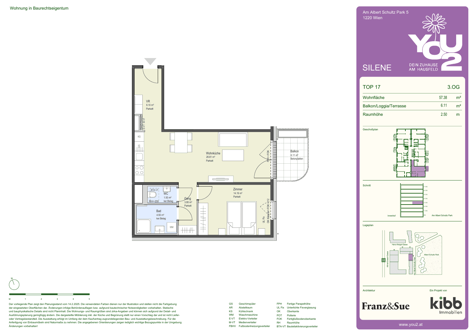 Grundriss Silene 5 Top 17 — YOU2 - Dein Zuhause am Hausfeld — 2 Zimmer — 57,4 m² — 3rd floor — east