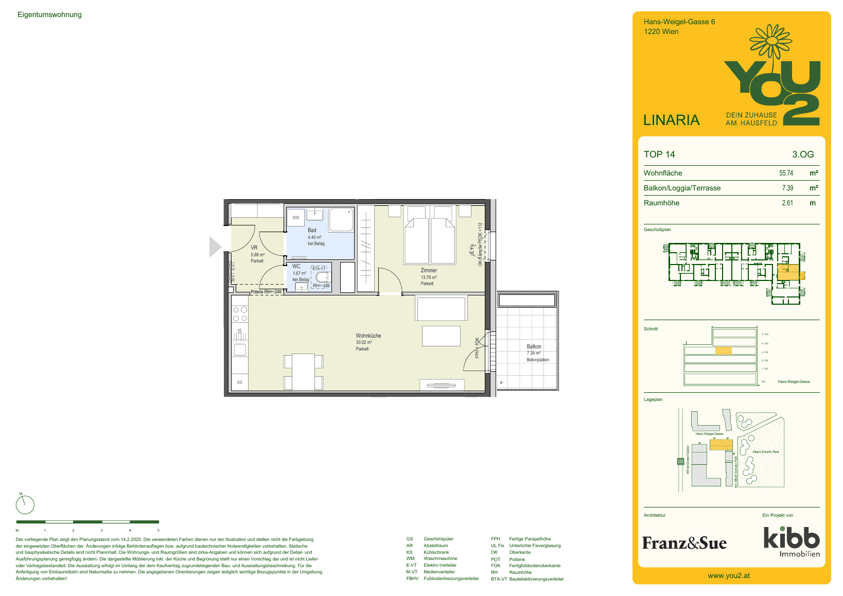 Grundriss Linaria 6 Top 14 — YOU2 - Dein Zuhause am Hausfeld — 2 Zimmer — 55,7 m² — 3rd floor — east