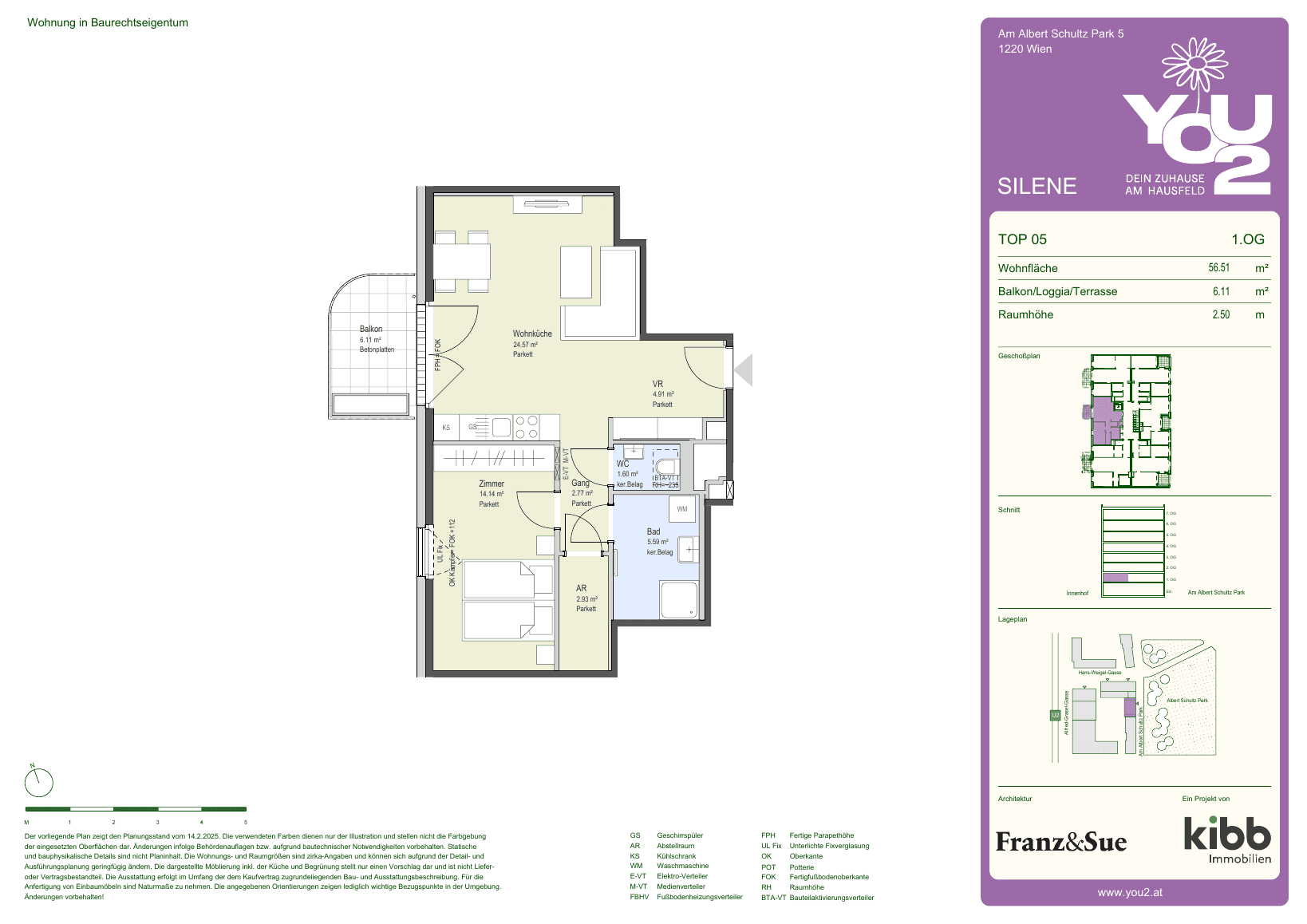 Grundriss Silene 5 Top 5 — YOU2 - Dein Zuhause am Hausfeld — 2 Zimmer — 56,5 m² — 1st floor — west