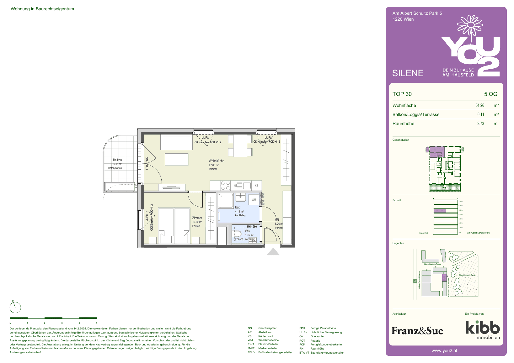 Grundriss Silene 5 Top 30 — YOU2 - Dein Zuhause am Hausfeld — 2 Zimmer — 51,3 m² — 5th floor — west