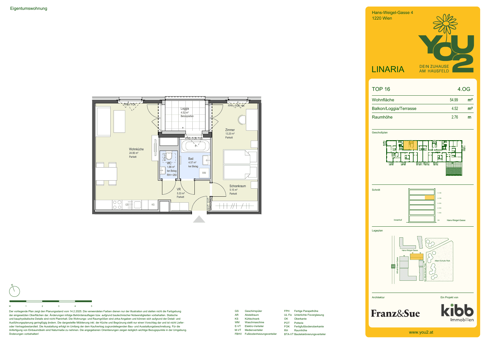 Grundriss Linaria 4 Top 16 — YOU2 - Dein Zuhause am Hausfeld — 2 Zimmer — 55 m² — 2nd floor — north