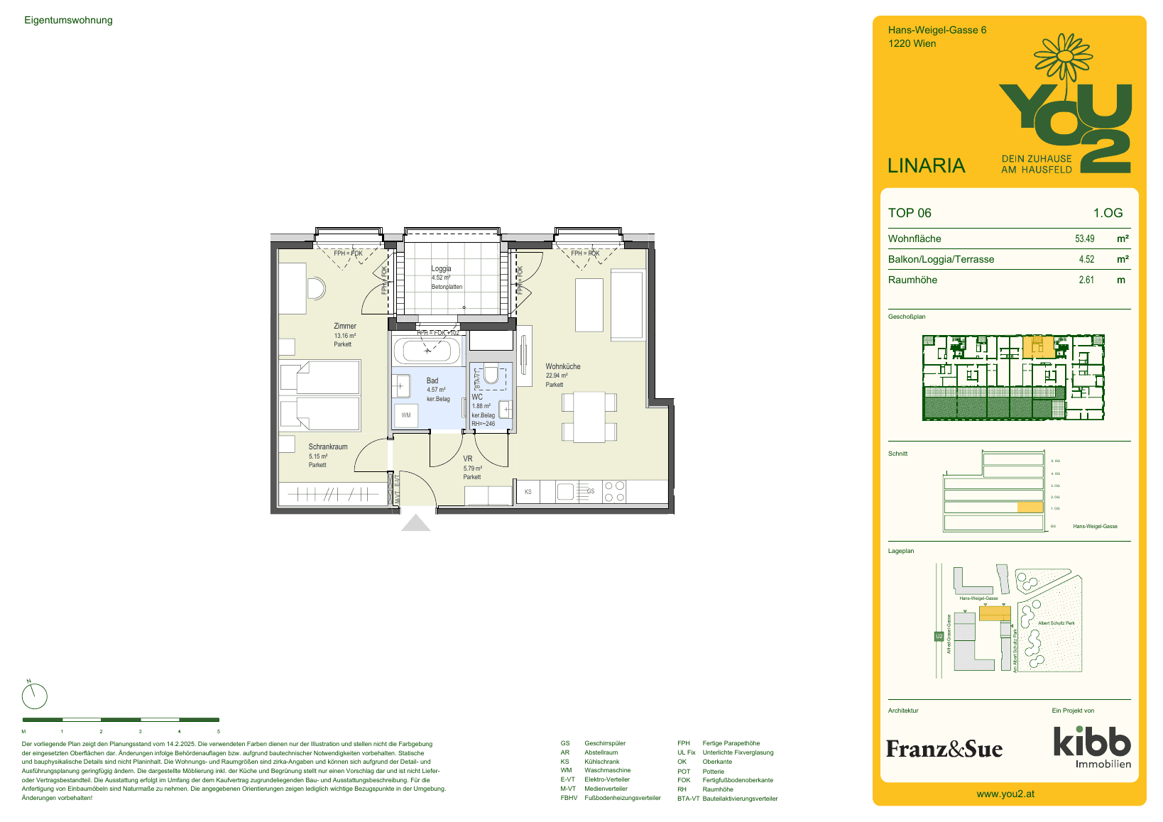 Grundriss Linaria 6 Top 6 — YOU2 - Dein Zuhause am Hausfeld — 2 Zimmer — 53,5 m² — 1st floor — north