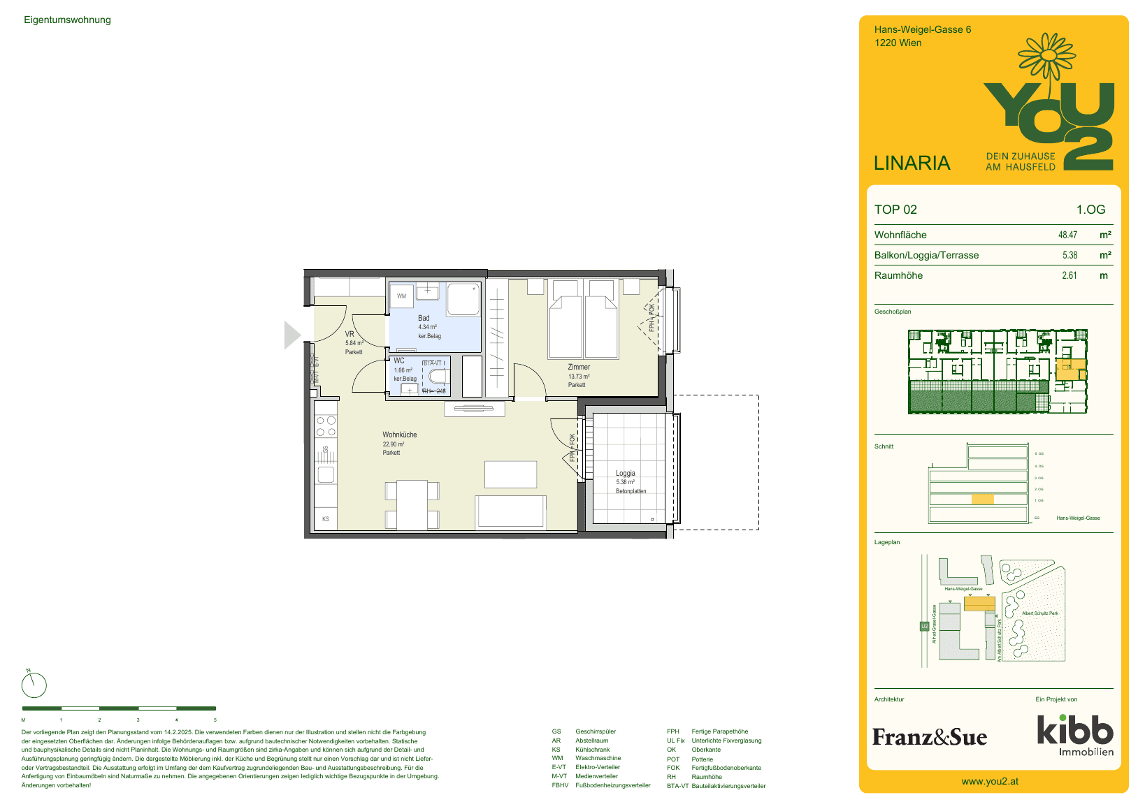 Grundriss Linaria 6 Top 2 — YOU2 - Dein Zuhause am Hausfeld — 2 Zimmer — 48,5 m² — 1st floor — east