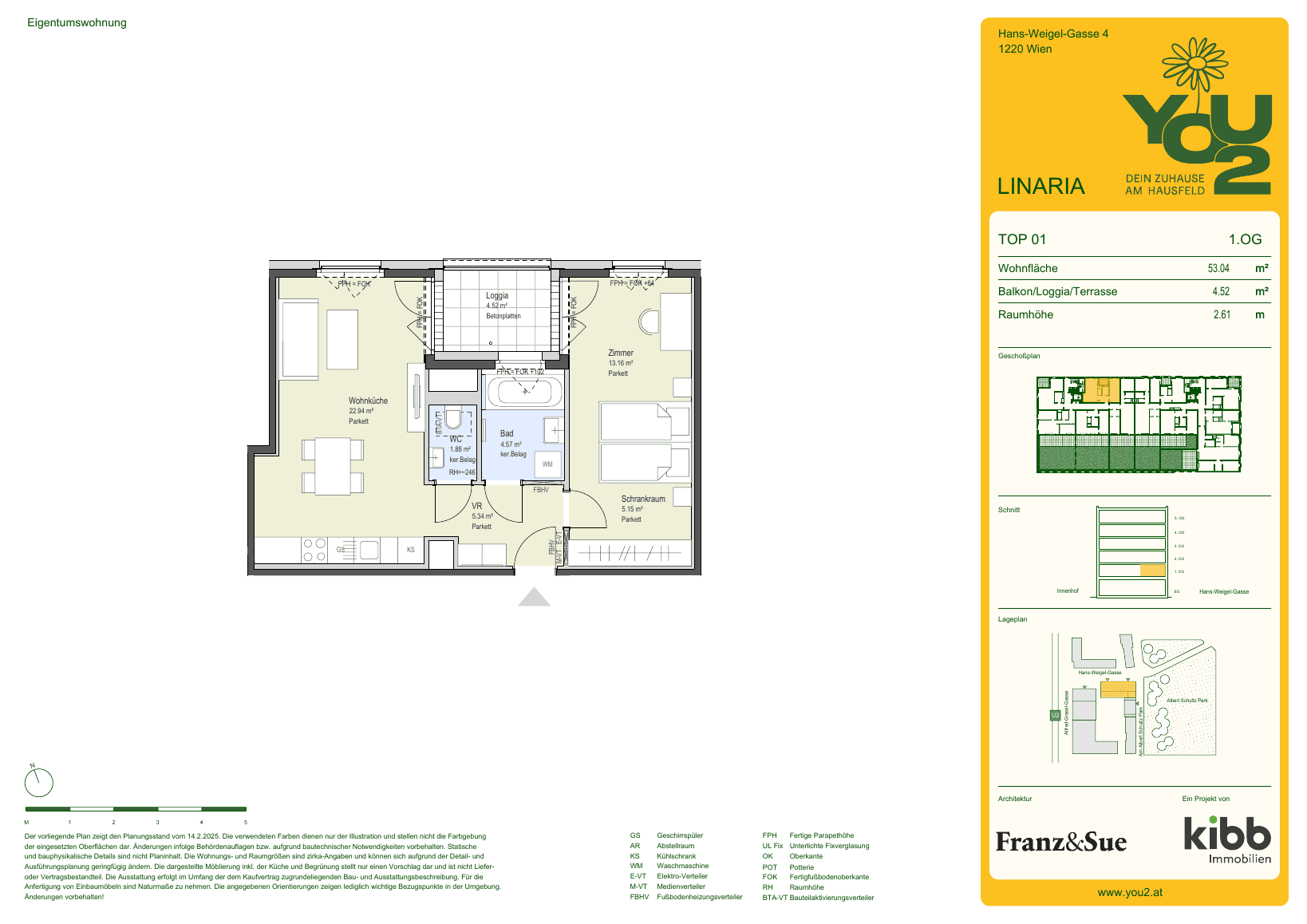 Grundriss Linaria 4 Top 1 — YOU2 - Dein Zuhause am Hausfeld — 2 Zimmer — 53 m² — 1st floor — north