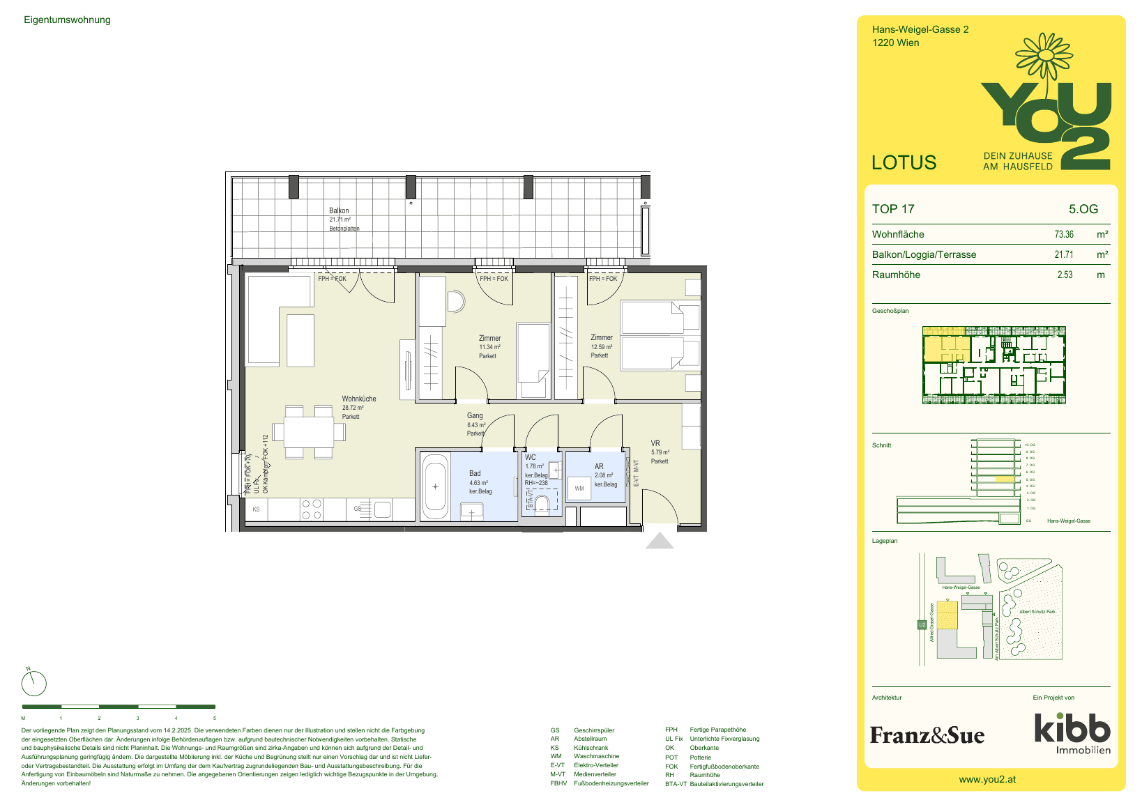 Grundriss Lotus 2 Top 17 — YOU2 - Dein Zuhause am Hausfeld — 3 Zimmer — 73,4 m² — 5th floor — north