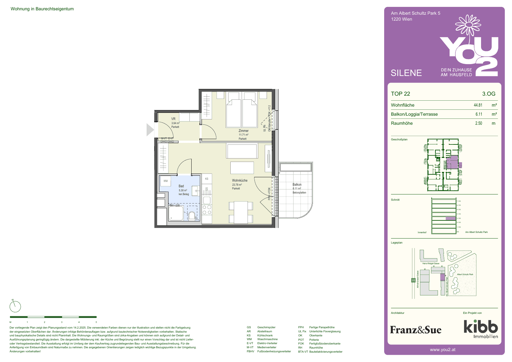 Grundriss Silene 5 Top 22 — YOU2 - Dein Zuhause am Hausfeld — 2 Zimmer — 44,8 m² — 3rd floor — east