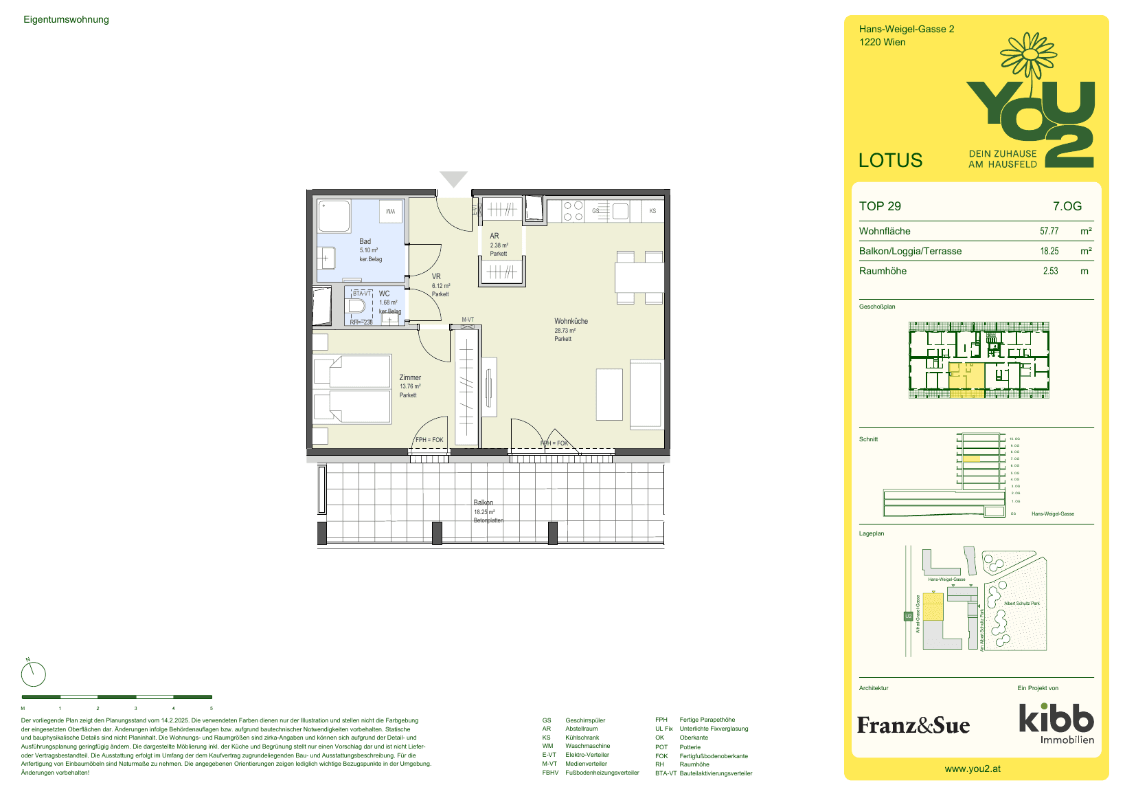 Grundriss Lotus 2 Top 29 — YOU2 - Dein Zuhause am Hausfeld — 2 Zimmer — 57,8 m² — 7th floor — south