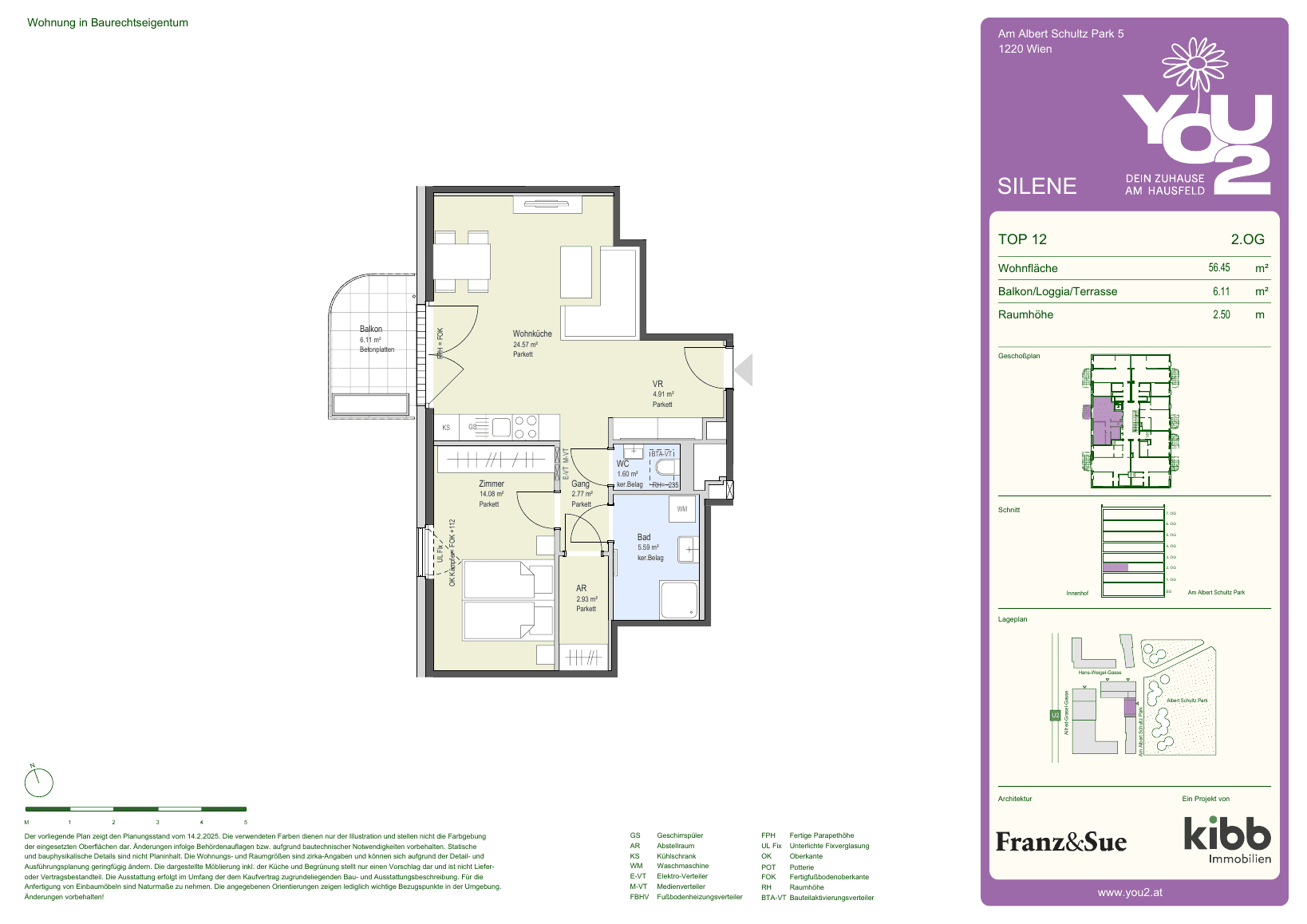 Grundriss Silene 5 Top 12 — YOU2 - Dein Zuhause am Hausfeld — 2 Zimmer — 56,5 m² — 2nd floor — west