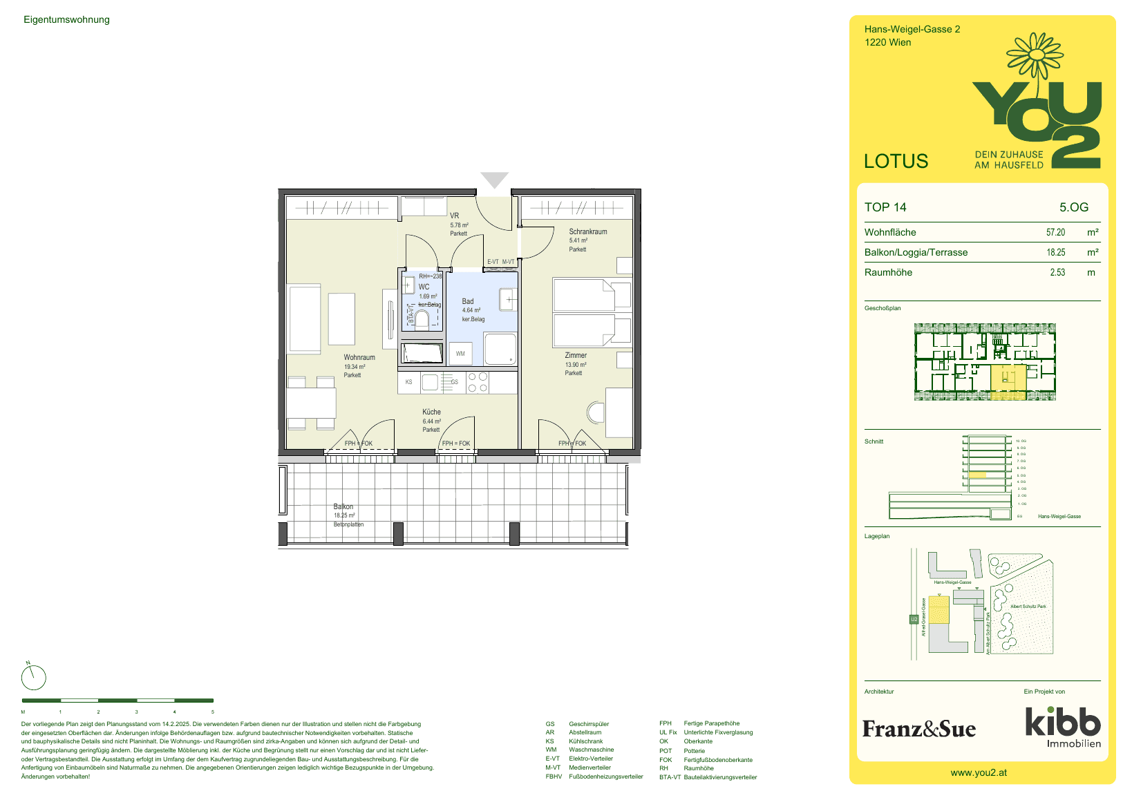 Grundriss Lotus 2 Top 14 — YOU2 - Dein Zuhause am Hausfeld — 2 Zimmer — 57,2 m² — 5th floor — south