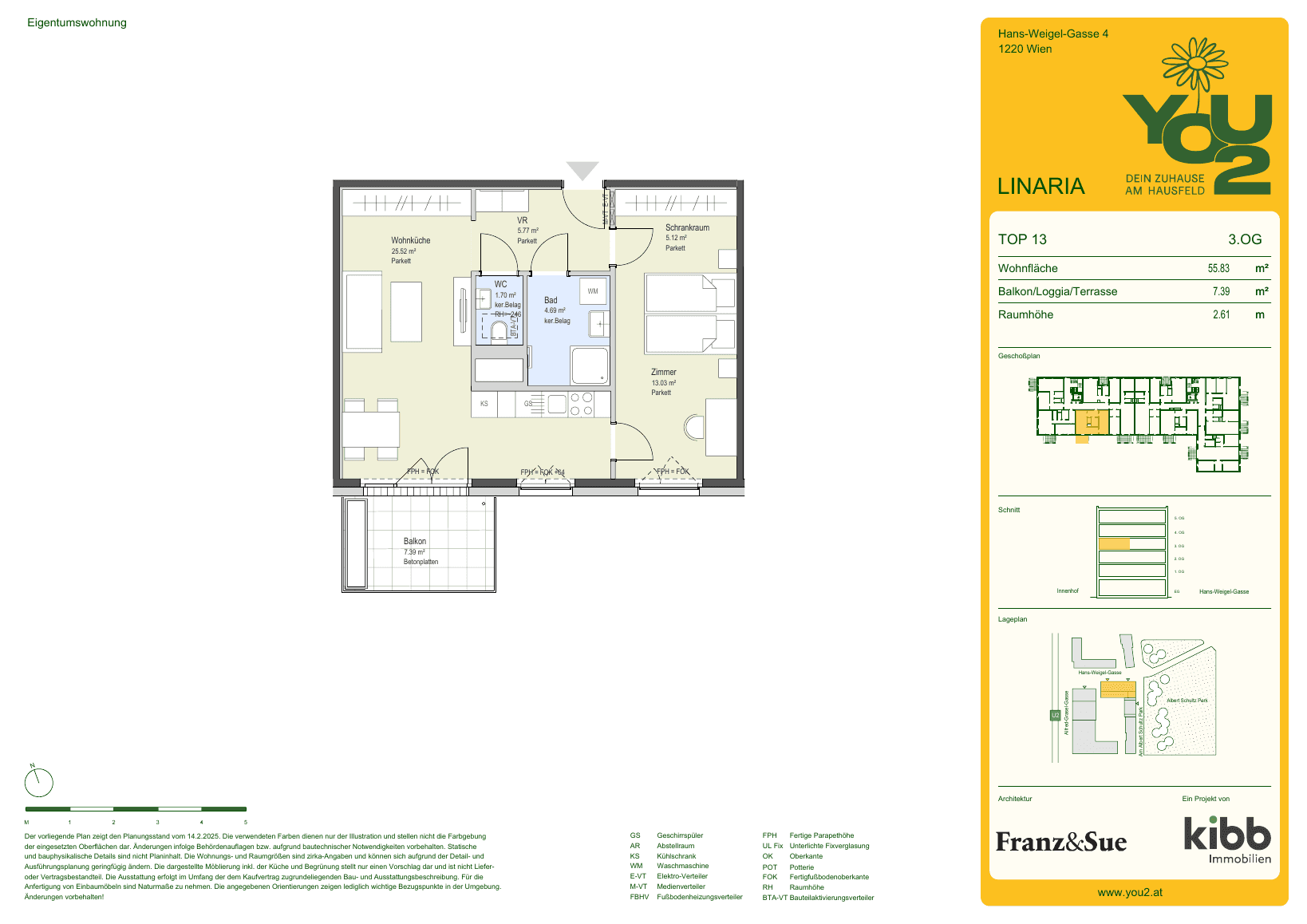 Grundriss Linaria 4 Top 13 — YOU2 - Dein Zuhause am Hausfeld — 2 Zimmer — 55,8 m² — 3rd floor — south