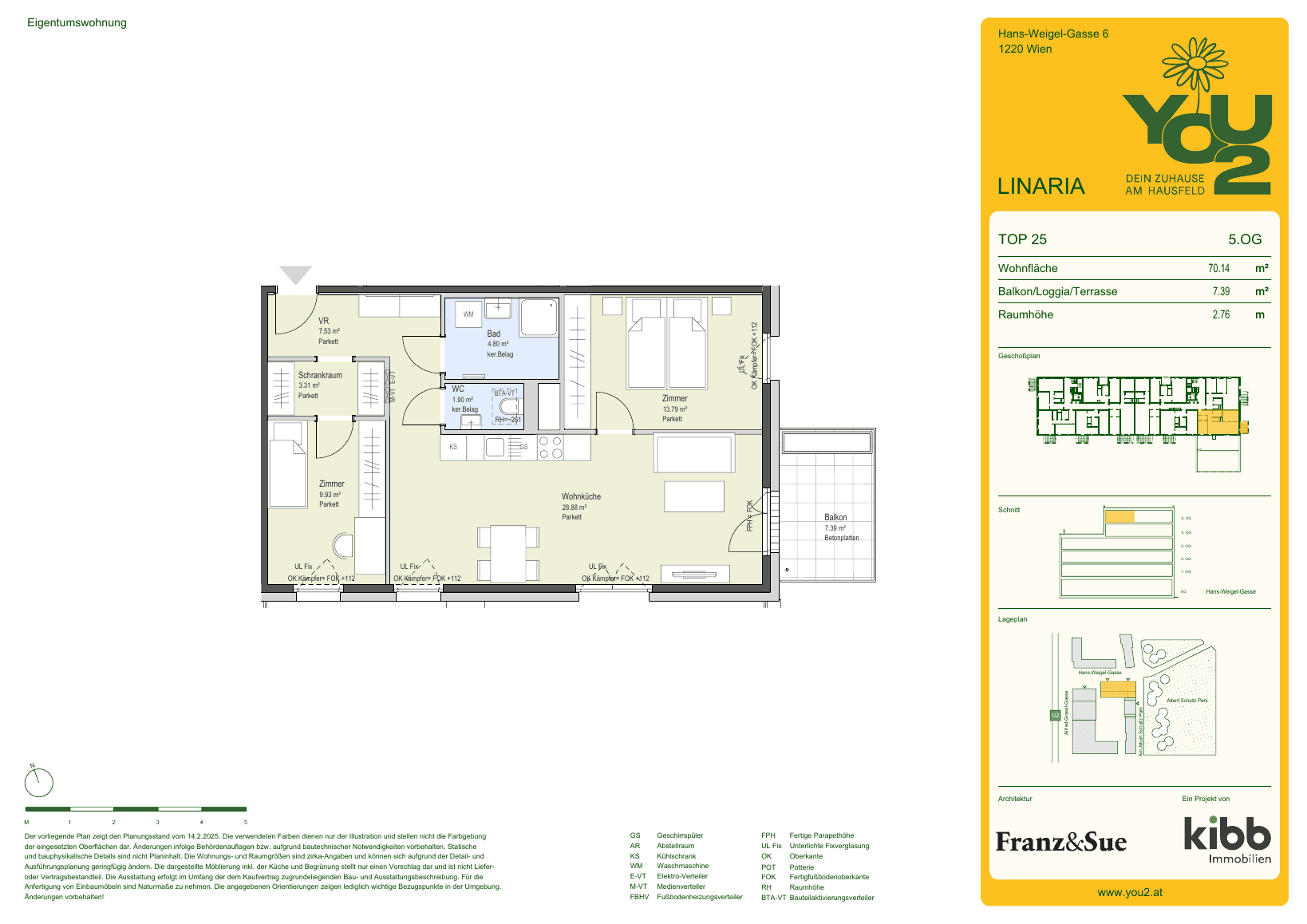 Grundriss Linaria 6 Top 25 — YOU2 - Dein Zuhause am Hausfeld — 3 Zimmer — 70,1 m² — 5th floor — east