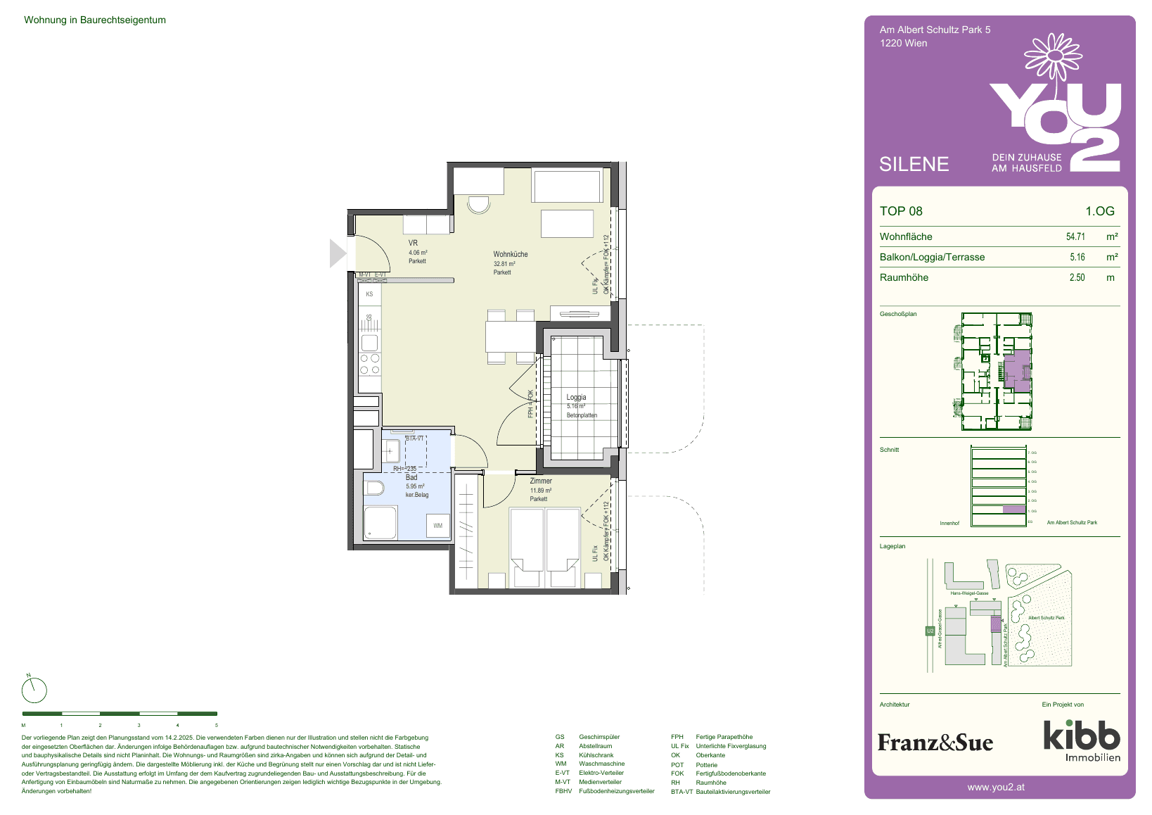 Grundriss Silene 5 Top 8 — YOU2 - Dein Zuhause am Hausfeld — 2 Zimmer — 54,7 m² — 1st floor — east