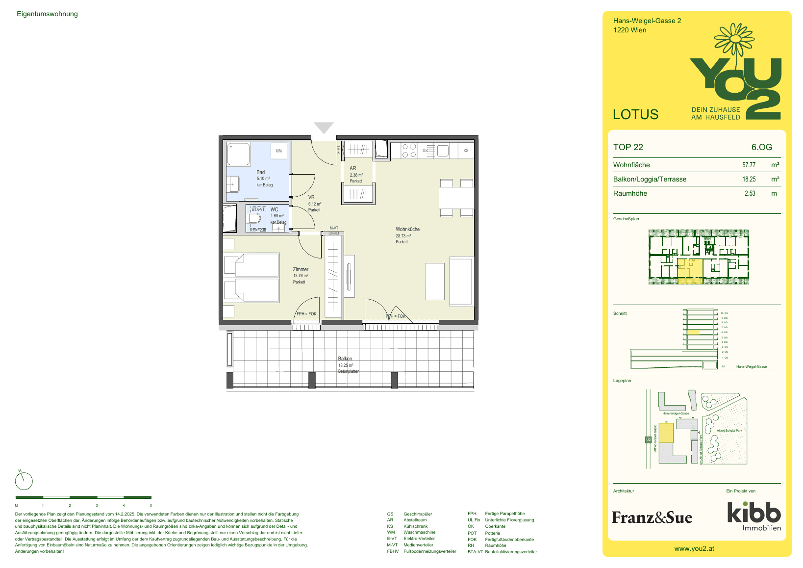 Grundriss Lotus 2 Top 22 — YOU2 - Dein Zuhause am Hausfeld — 2 Zimmer — 57,8 m² — 6th floor — south
