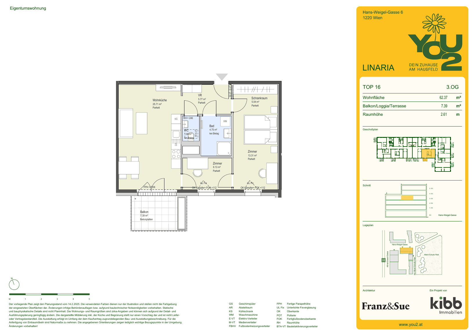 Grundriss Linaria 6 Top 16 — YOU2 - Dein Zuhause am Hausfeld — 3 Zimmer — 62,4 m² — 3rd floor — south