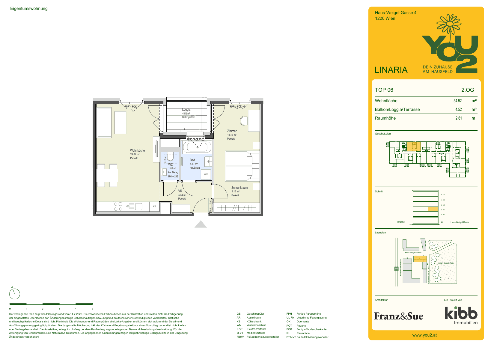 Grundriss Linaria 4 Top 6 — YOU2 - Dein Zuhause am Hausfeld — 2 Zimmer — 54,9 m² — 2nd floor — north