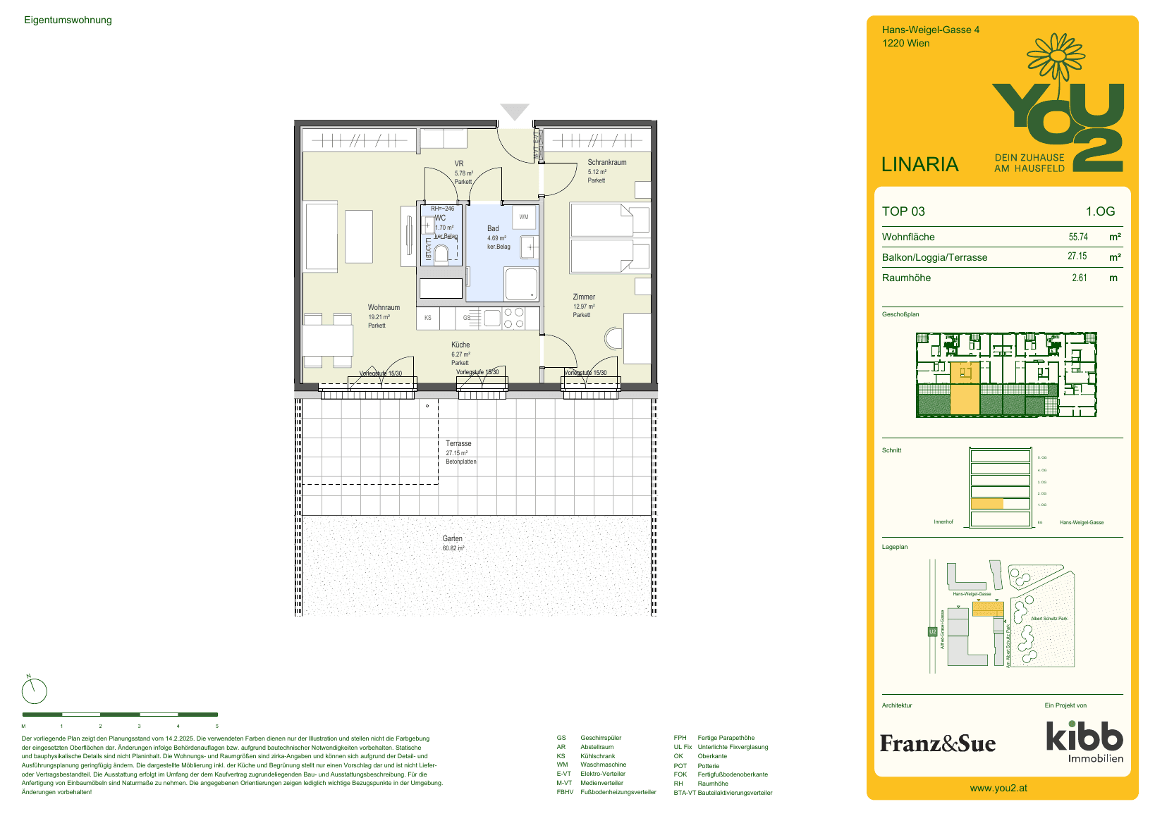 Grundriss Linaria 4 Top 3 — YOU2 - Dein Zuhause am Hausfeld — 2 Zimmer — 55,7 m² — 1st floor — south