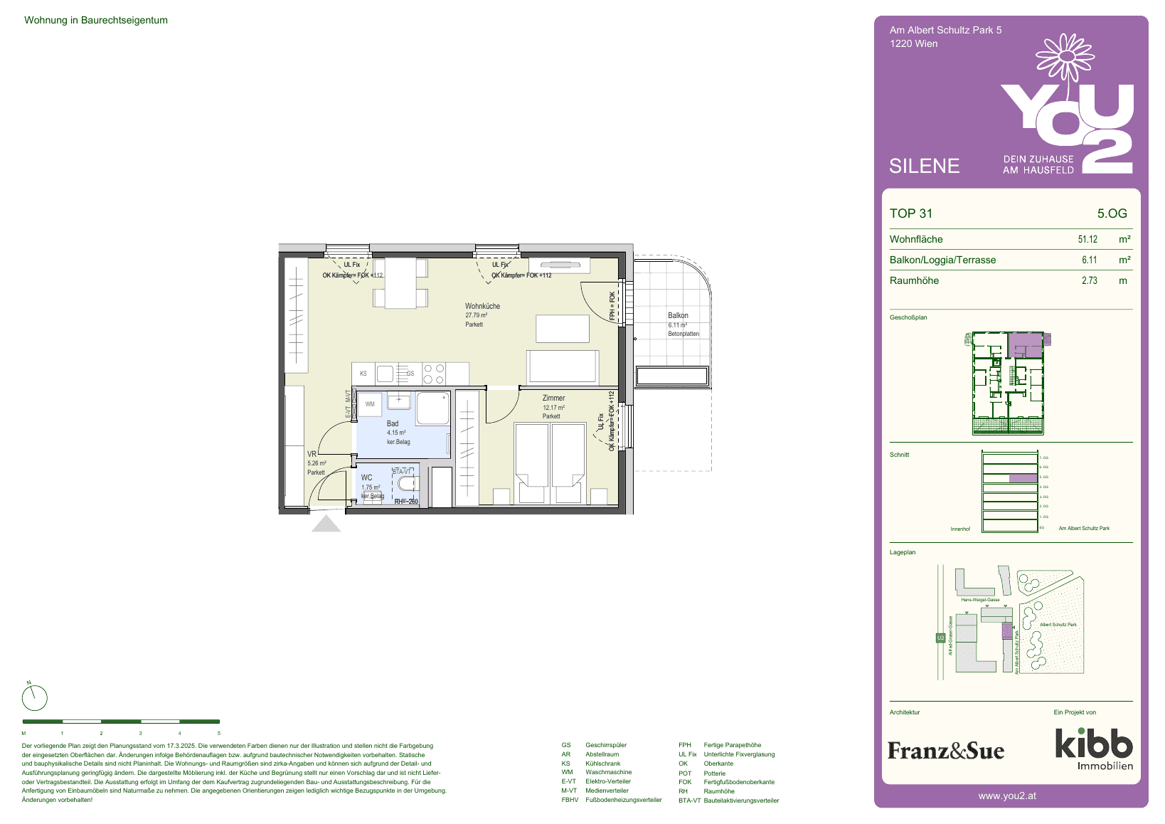 Grundriss Silene 5 Top 31 — YOU2 - Dein Zuhause am Hausfeld — 2 Zimmer — 51,1 m² — 5th floor — east