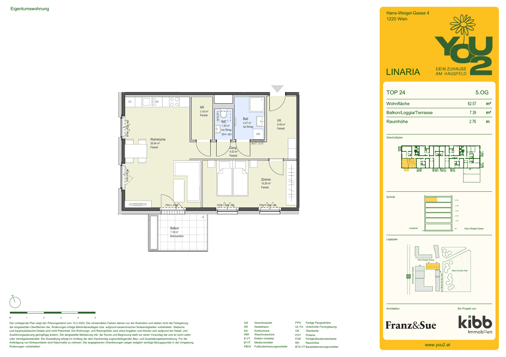 Grundriss Linaria 4 Top 24 — YOU2 - Dein Zuhause am Hausfeld — 2 Zimmer — 62,6 m² — 5th floor — south