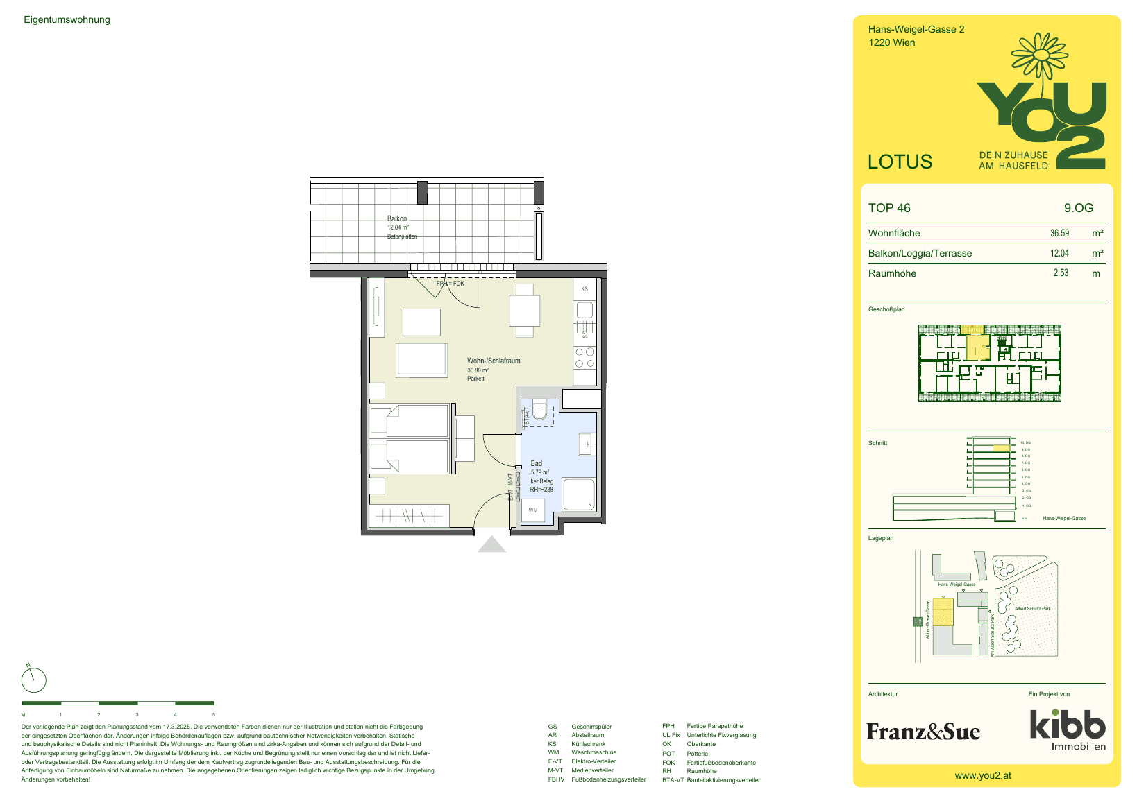 Grundriss Lotus 2 Top 46 — YOU2 - Dein Zuhause am Hausfeld — 1 Zimmer — 36,6 m² — 9th floor — north