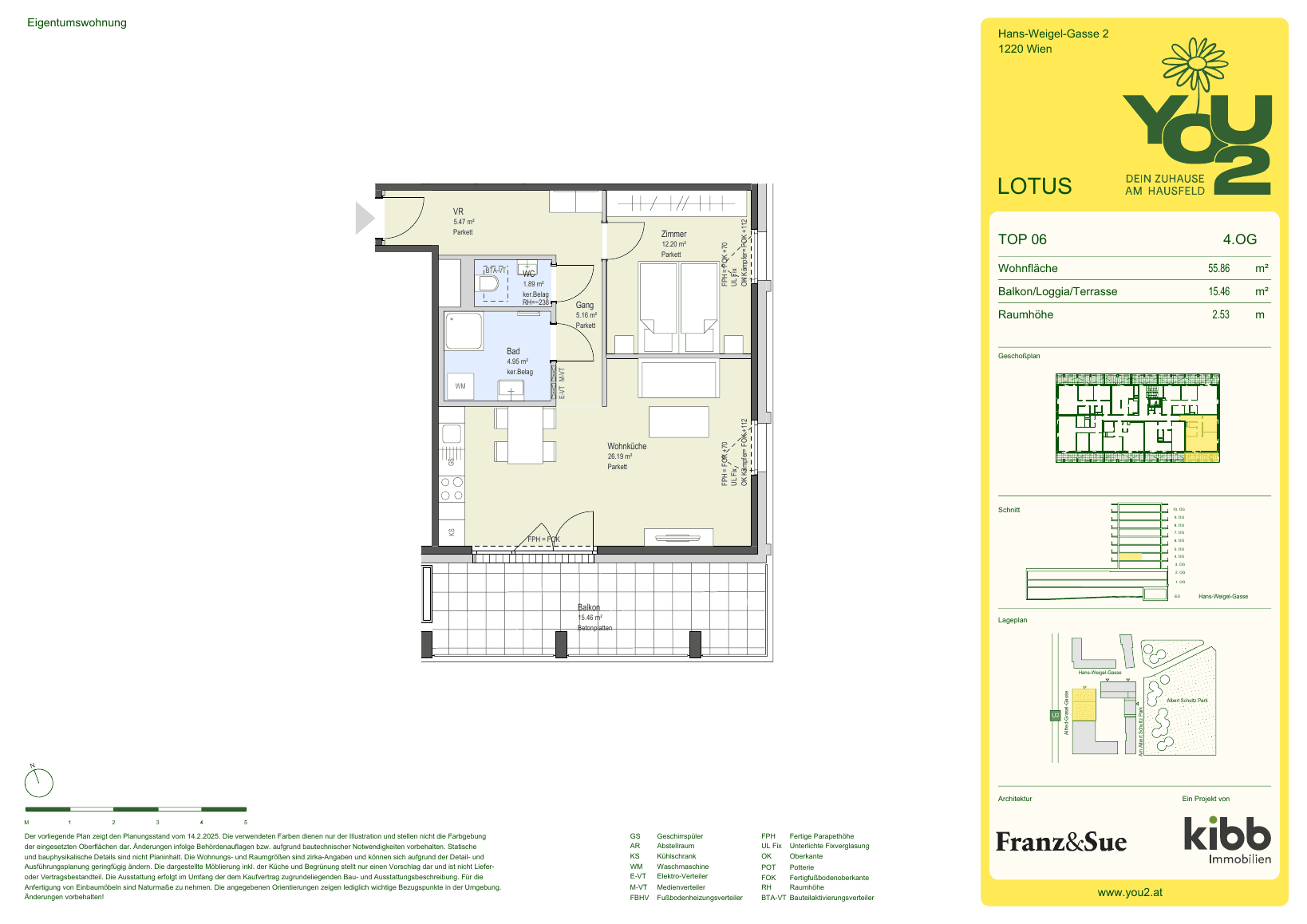 Grundriss Lotus 2 Top 6 — YOU2 - Dein Zuhause am Hausfeld — 2 Zimmer — 55,9 m² — 4th floor — south