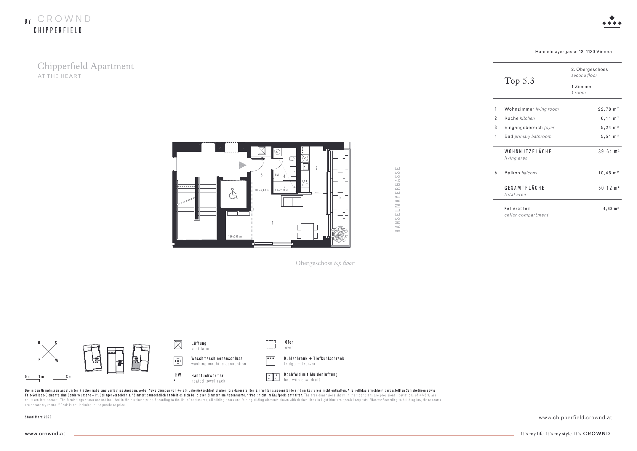 Grundriss Top 5.3 — CROWND by Chipperfield — 1 Zimmer — 39,4 m² — 1st floor — Grundriss 1/2