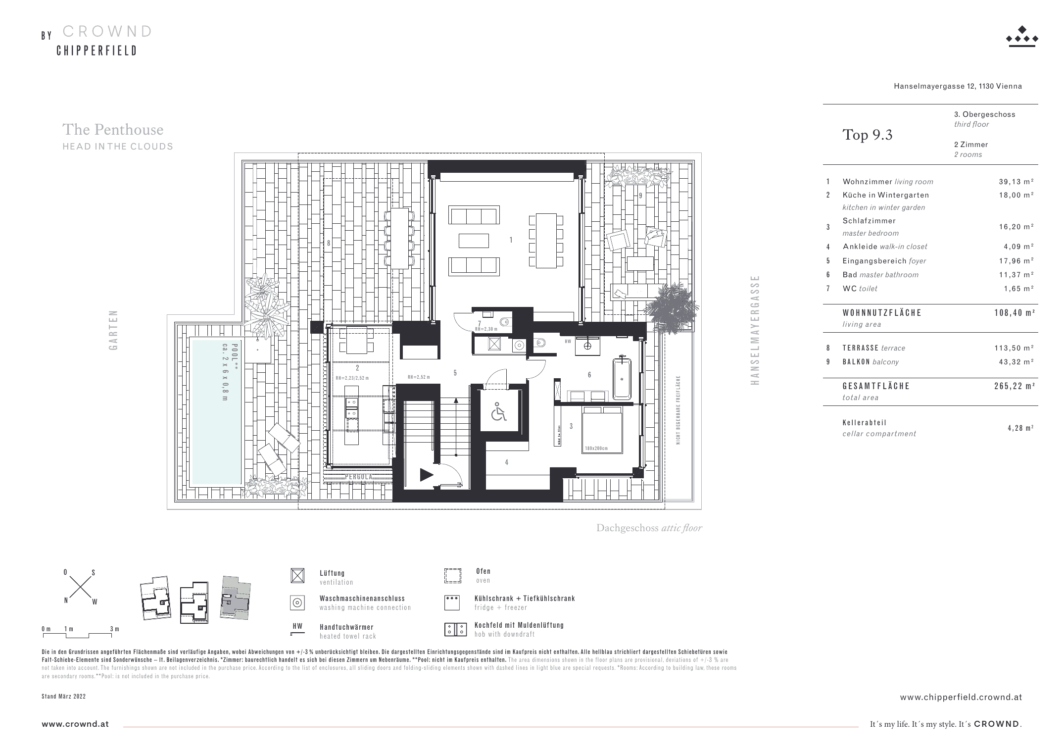Grundriss Top 9.3 — CROWND by Chipperfield — 2 Zimmer — 109 m² — Attic floor — Grundriss 1/2