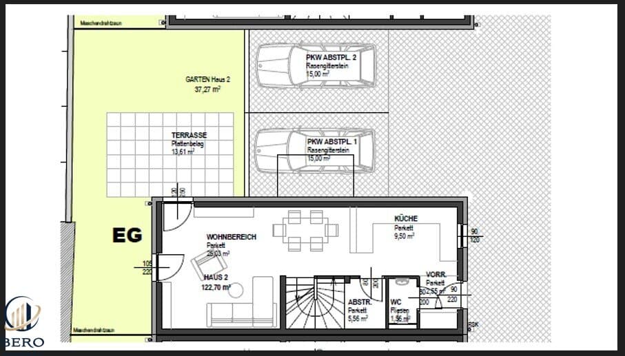 Grundriss Top 1 — Hausfeldstraße 159 — 4 Zimmer — 122,2 m² — Ground floor / Upper floor / Attic floor — Begrüßen Sie Ihre neue Doppelhaus-Hälfte am Wiener Stadtrand des 22.Bezirks gelegen, sofort bezugsbereit!, Ziegelmassiv Bauweise — Grundriss 1/3