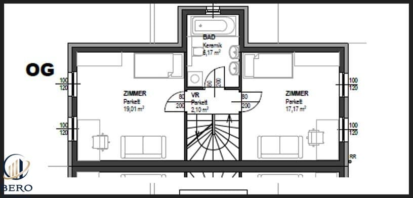Grundriss Top 1 — Hausfeldstraße 159 — 4 Zimmer — 122,2 m² — Ground floor / Upper floor / Attic floor — Begrüßen Sie Ihre neue Doppelhaus-Hälfte am Wiener Stadtrand des 22.Bezirks gelegen, sofort bezugsbereit!, Ziegelmassiv Bauweise — Grundriss 2/3