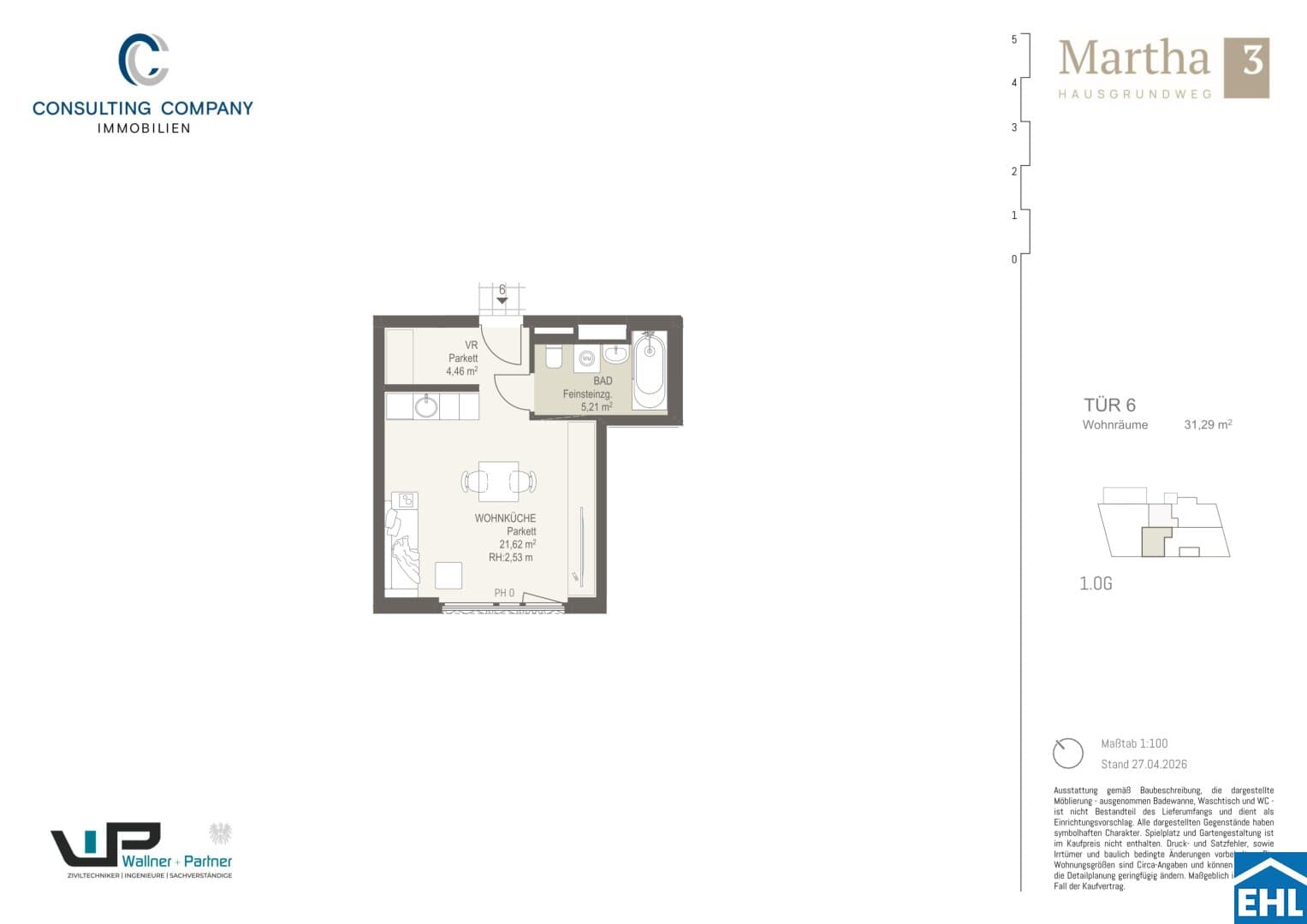 Grundriss Top 6 — MARTHA – Hausgrundweg 3 — 1 Zimmer — 31,3 m² — 1st floor — S