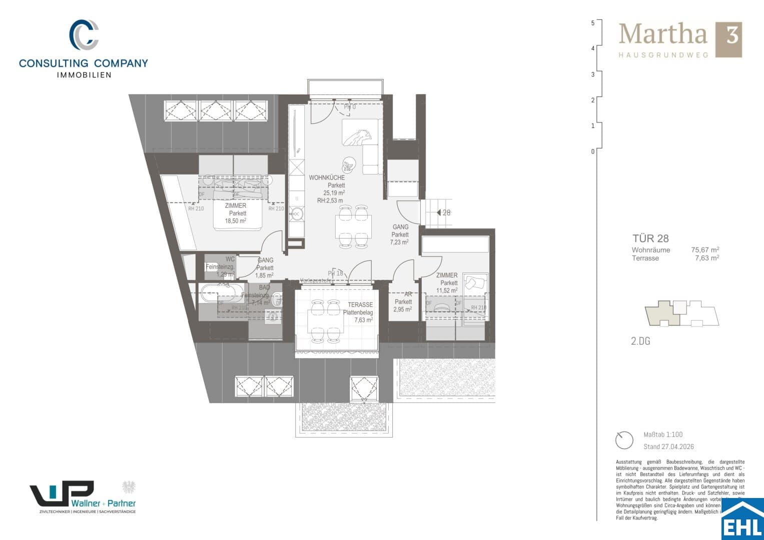 Grundriss Top 28 — MARTHA – Hausgrundweg 3 — 3 Zimmer — 75,7 m² — 2nd attic floor — NS