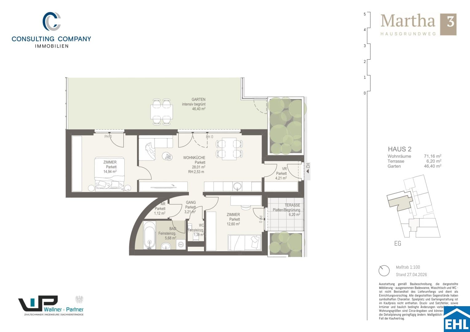 Grundriss Top H2 — MARTHA – Hausgrundweg 3 — 3 Zimmer — 71,2 m² — Ground floor — NW