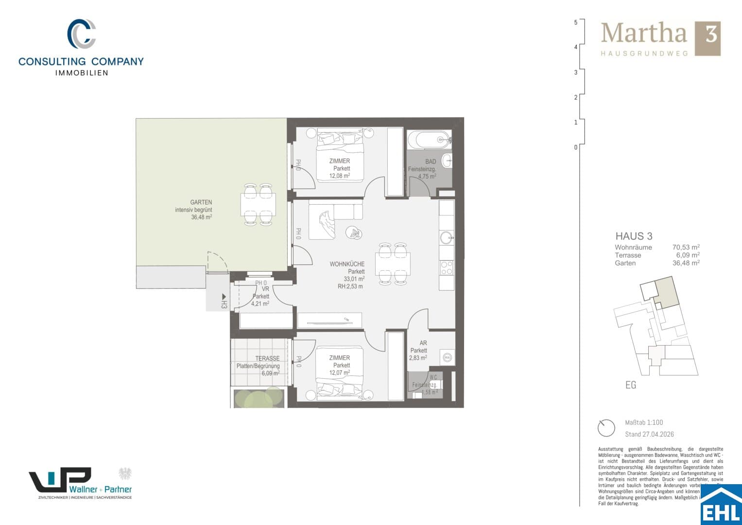 Grundriss Top H3 — MARTHA – Hausgrundweg 3 — 3 Zimmer — 70,5 m² — Ground floor — NW