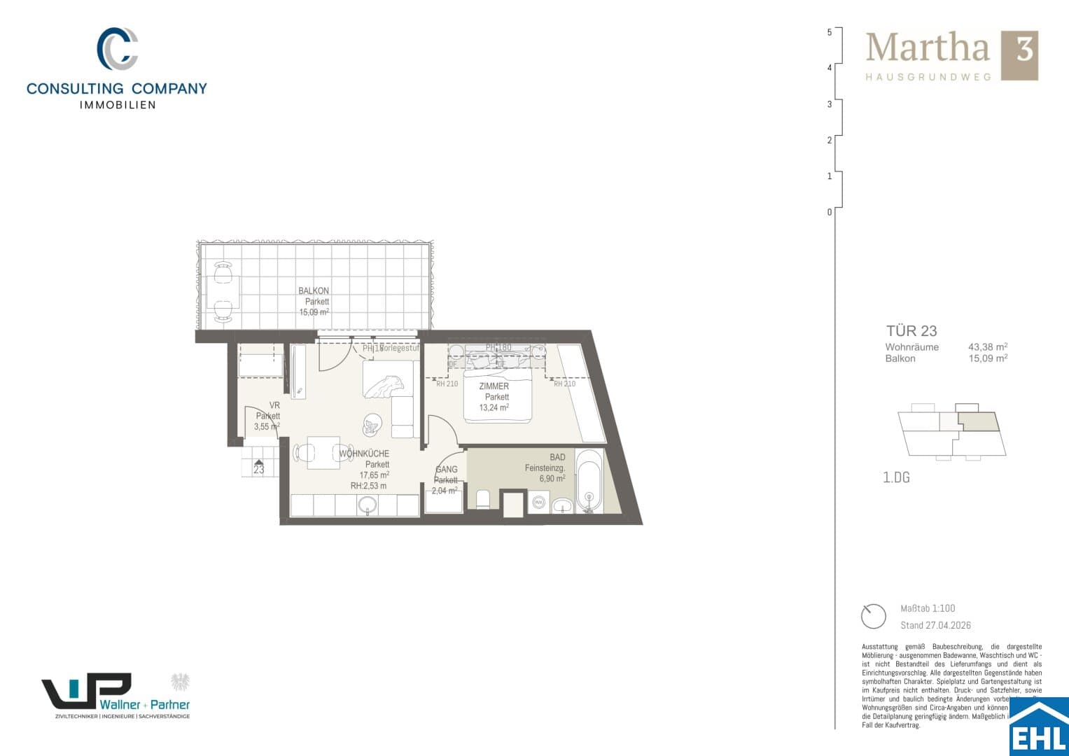 Grundriss Top 23 — MARTHA – Hausgrundweg 3 — 2 Zimmer — 43,4 m² — 1st attic floor — NO