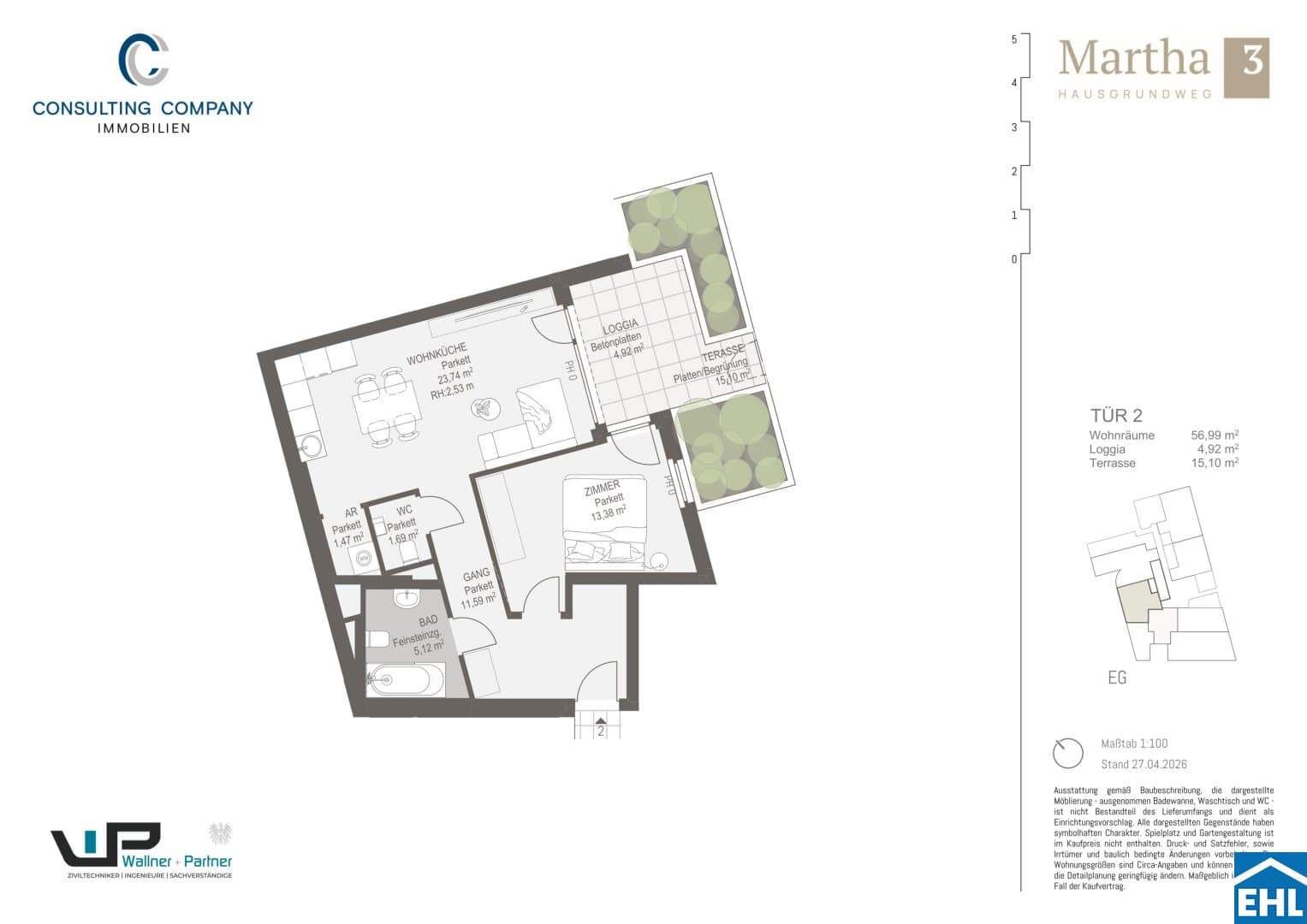 Grundriss Top 2 — MARTHA – Hausgrundweg 3 — 2 Zimmer — 57 m² — Ground floor — O