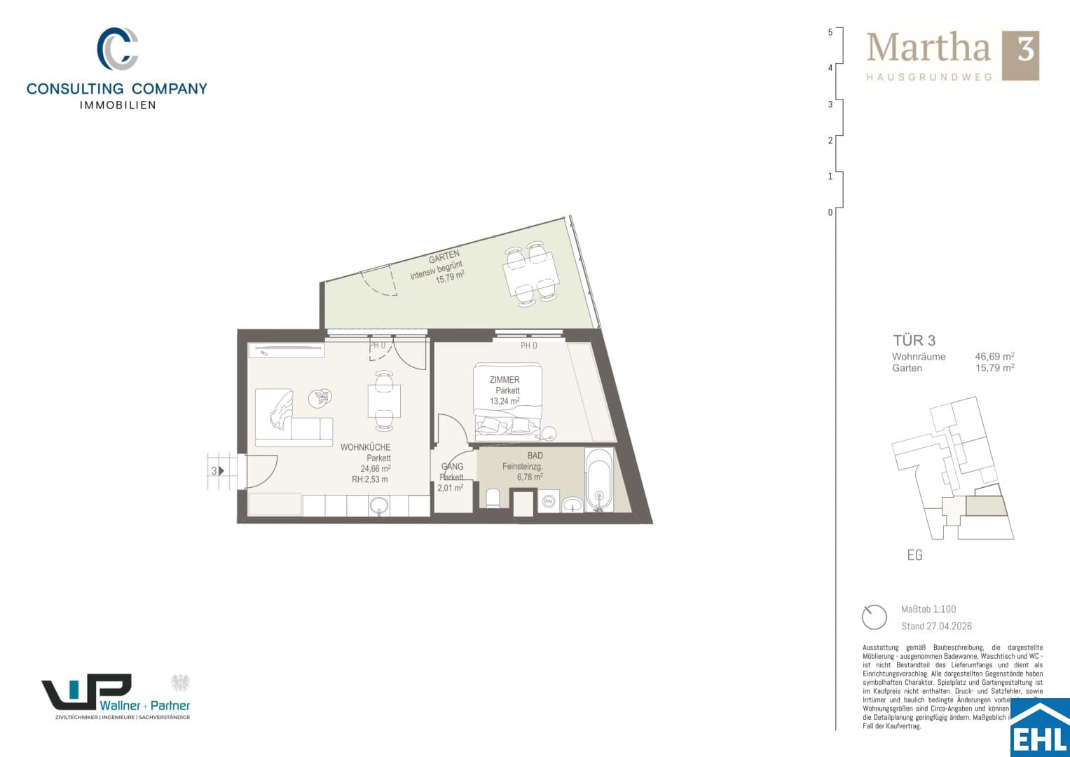 Grundriss Top 3 — MARTHA – Hausgrundweg 3 — 2 Zimmer — 46,7 m² — Ground floor — NO