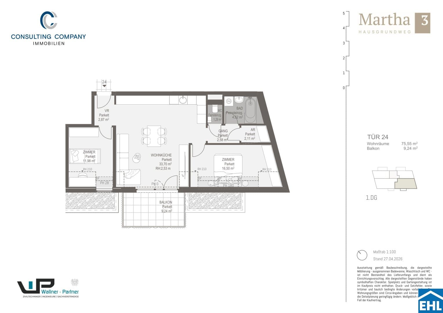 Grundriss Top 24 — MARTHA – Hausgrundweg 3 — 3 Zimmer — 75,6 m² — 1st attic floor — S