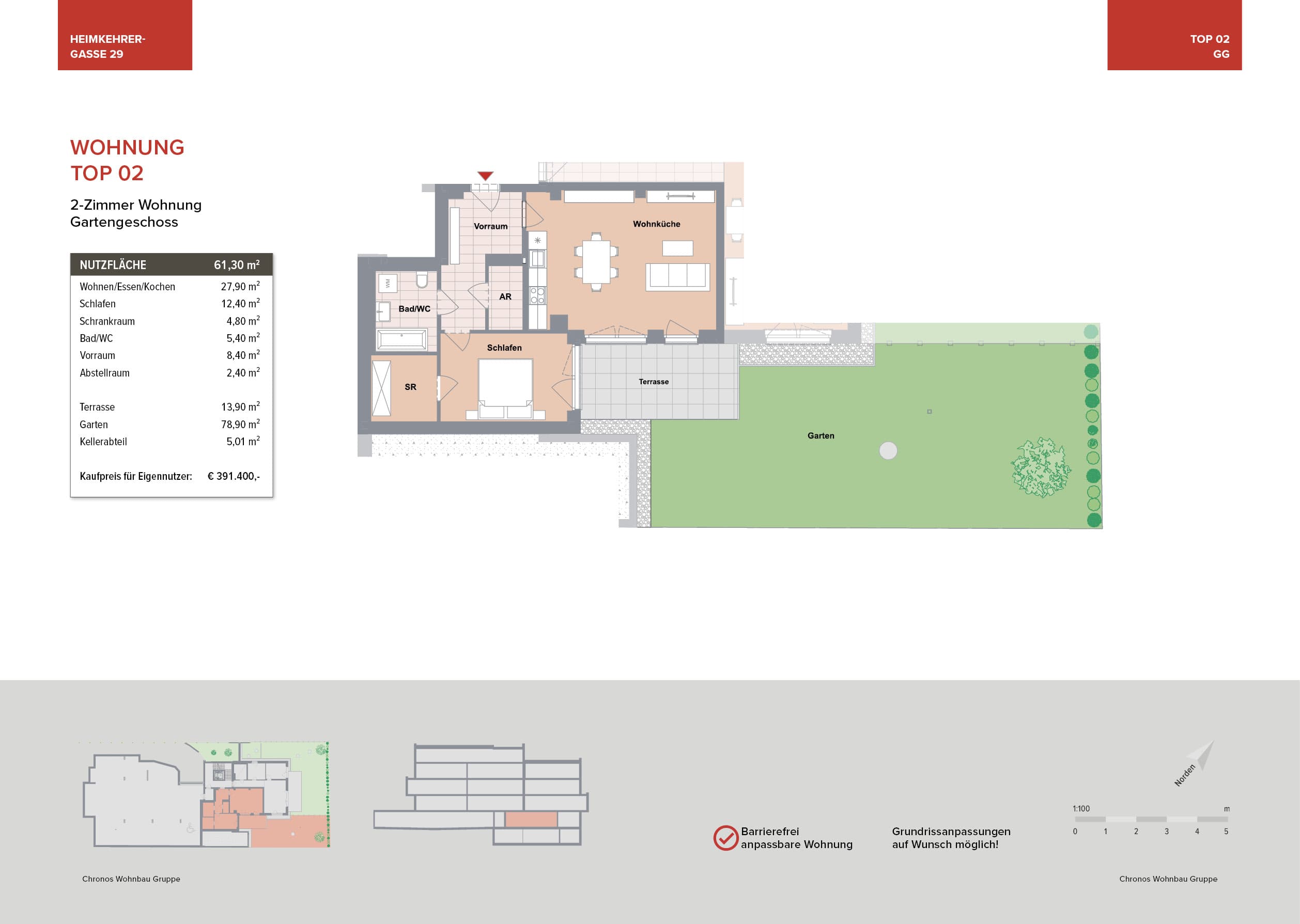 Grundriss Top 02 — Heimkehrergasse 29 — 2 Zimmer — 61,3 m² — Ground floor