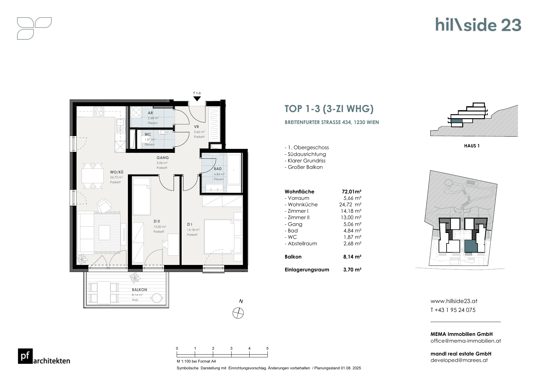 Grundriss Top 1-3 — Hillside 23 — 3 Zimmer — 72 m² — 1st floor