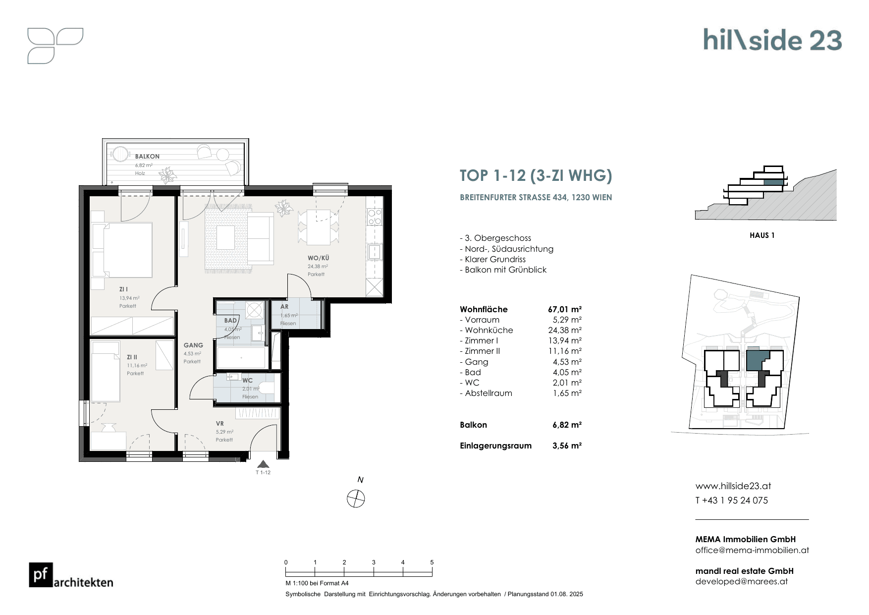 Grundriss Top 1-12 — Hillside 23 — 3 Zimmer — 67 m² — 3rd floor