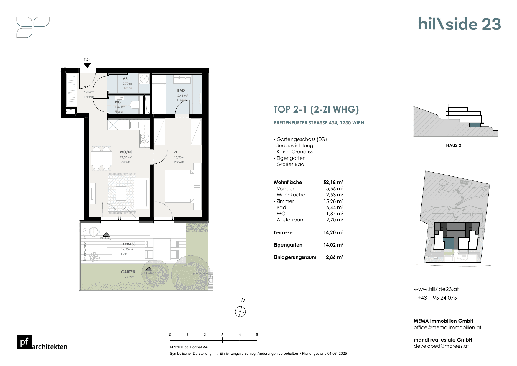 Grundriss Top 2-1 — Hillside 23 — 2 Zimmer — 52,2 m² — Ground floor