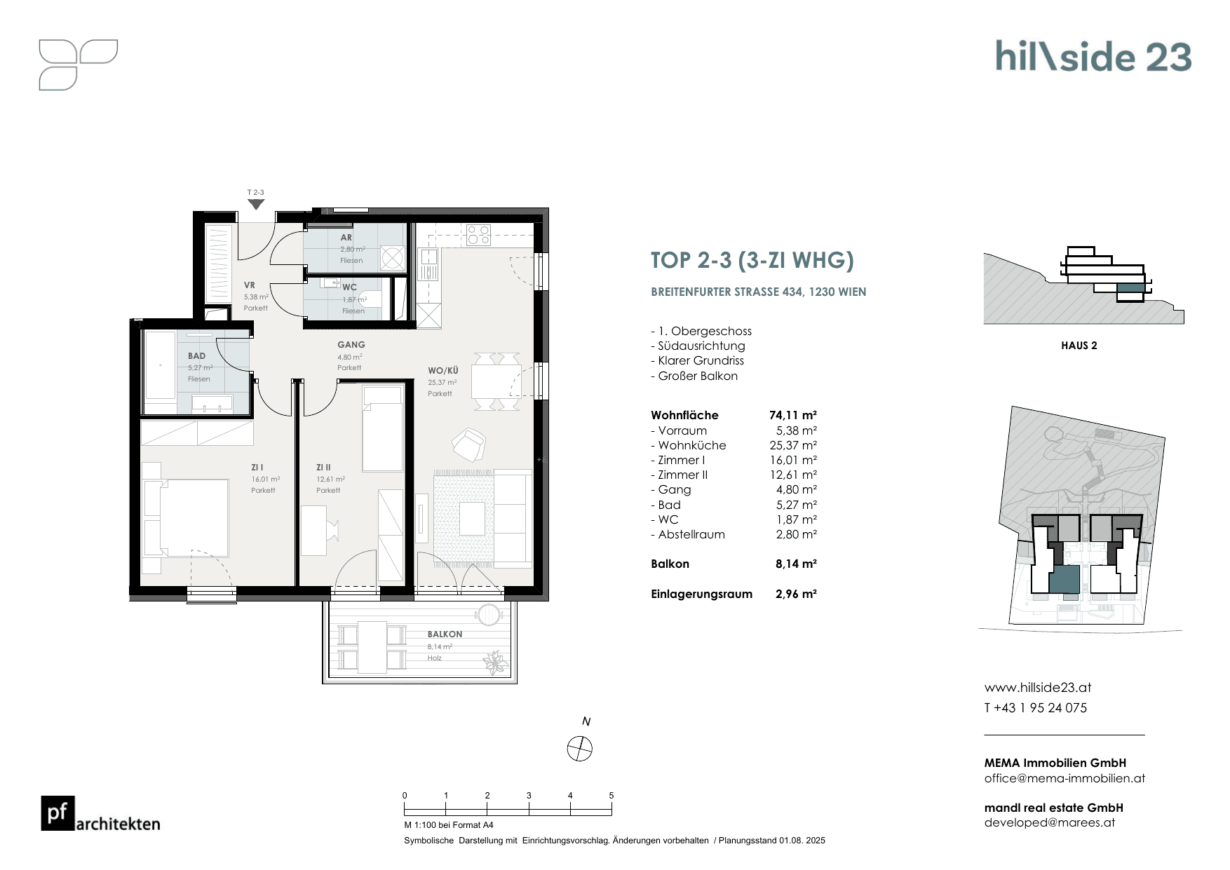 Grundriss Top 2-3 — Hillside 23 — 3 Zimmer — 74,1 m² — 1st floor