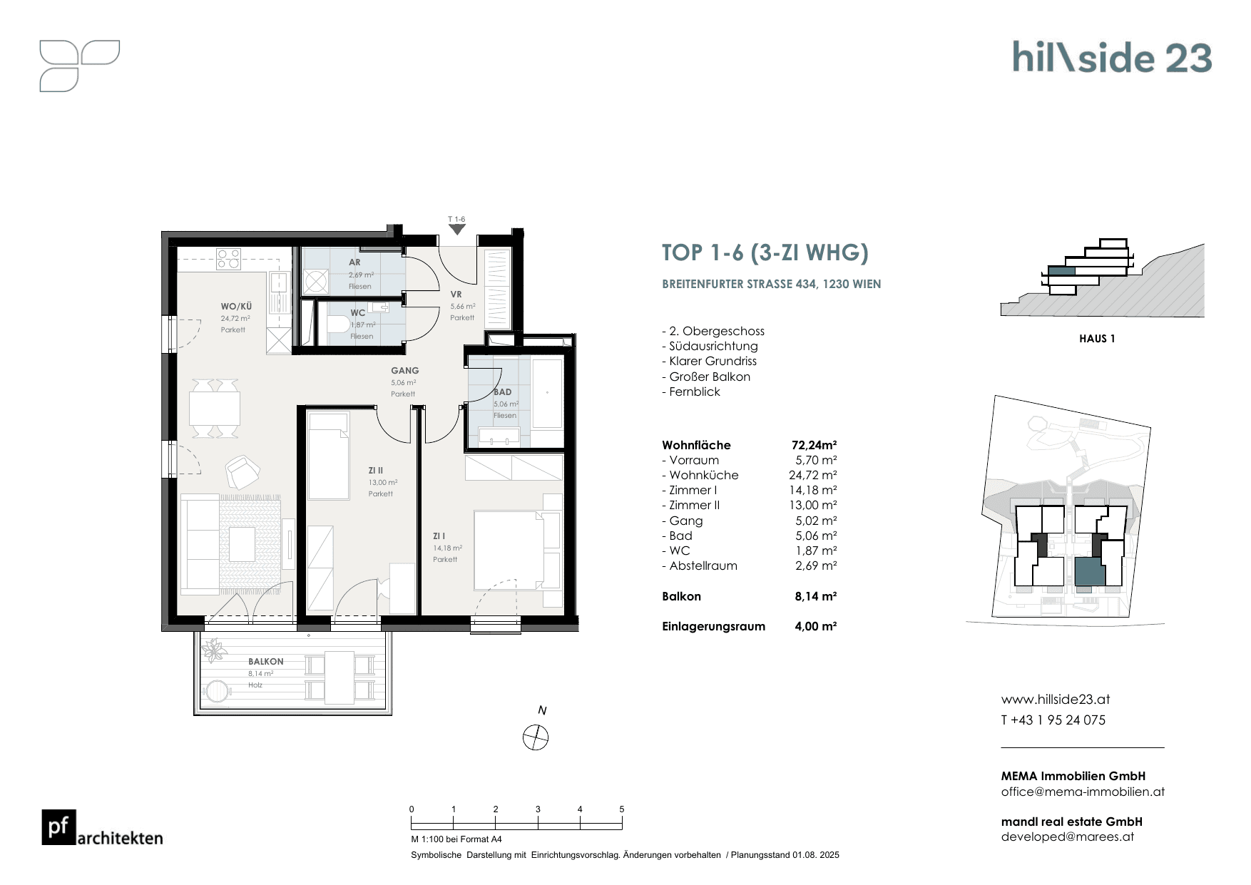 Grundriss Top 1-6 — Hillside 23 — 3 Zimmer — 72,2 m² — 2nd floor
