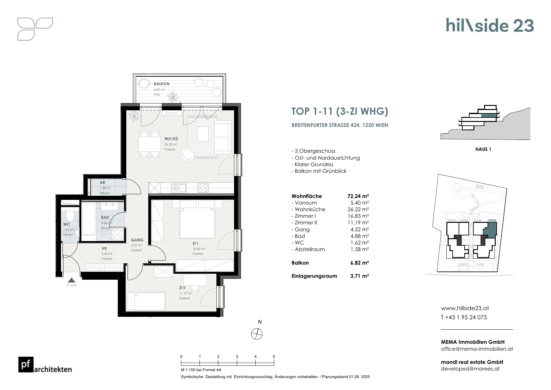 Grundriss Top 1-11 — Hillside 23 — 3 Zimmer — 72,2 m² — 3rd floor