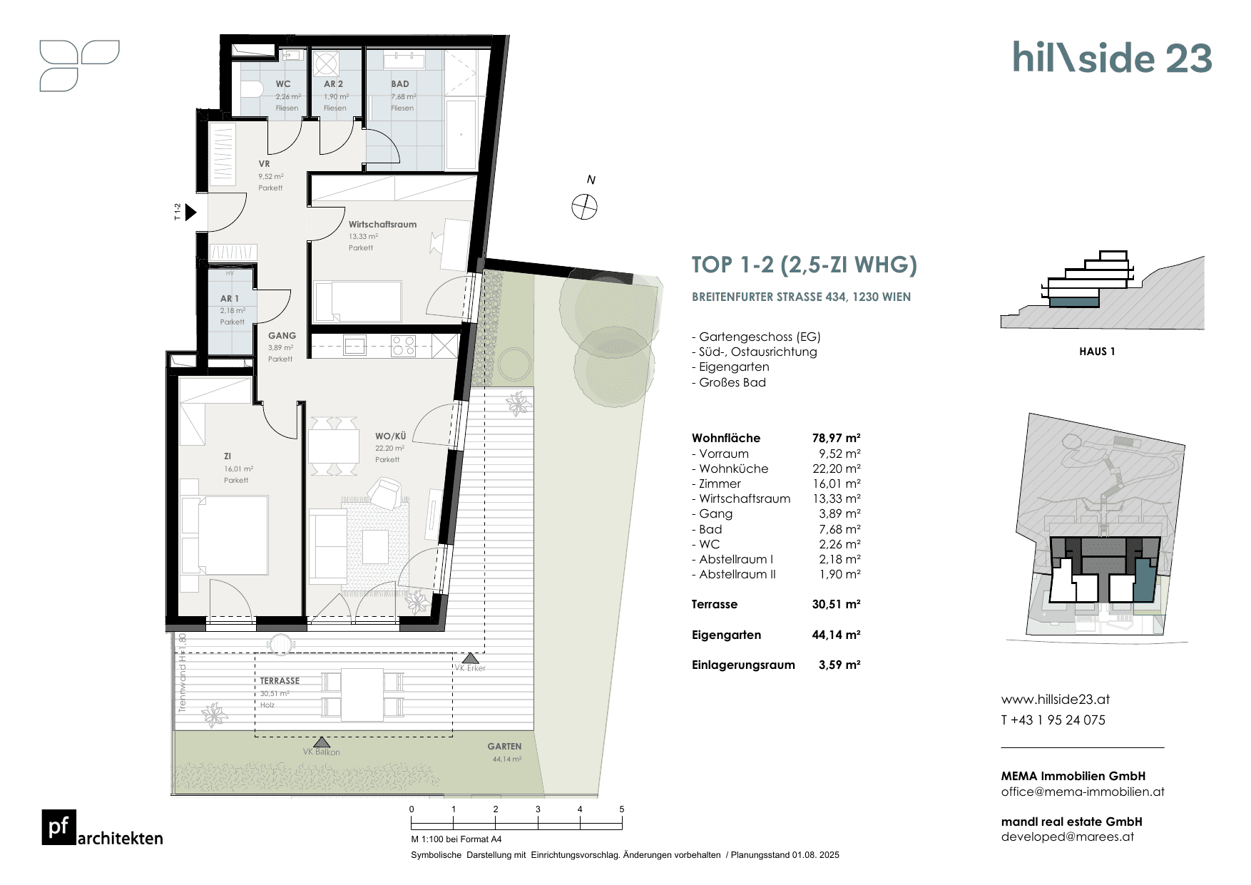 Grundriss Top 1-2 — Hillside 23 — 3 Zimmer — 79 m² — Ground floor