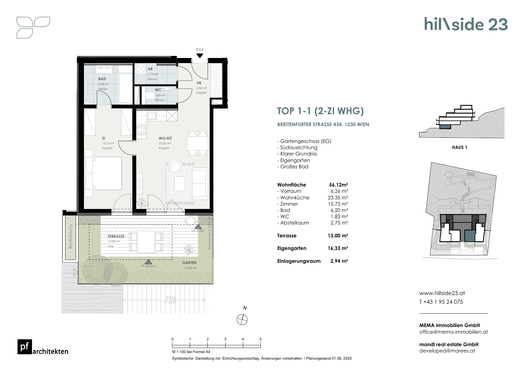 Grundriss Top 1-1 — Hillside 23 — 2 Zimmer — 56,1 m² — Ground floor