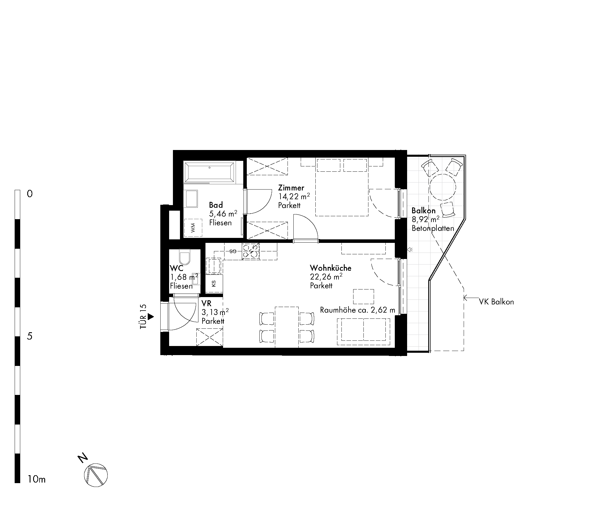 Grundriss Stiege 1 / Top 15 — Hirschfeld — 2 Zimmer — 46,8 m² — 2nd floor