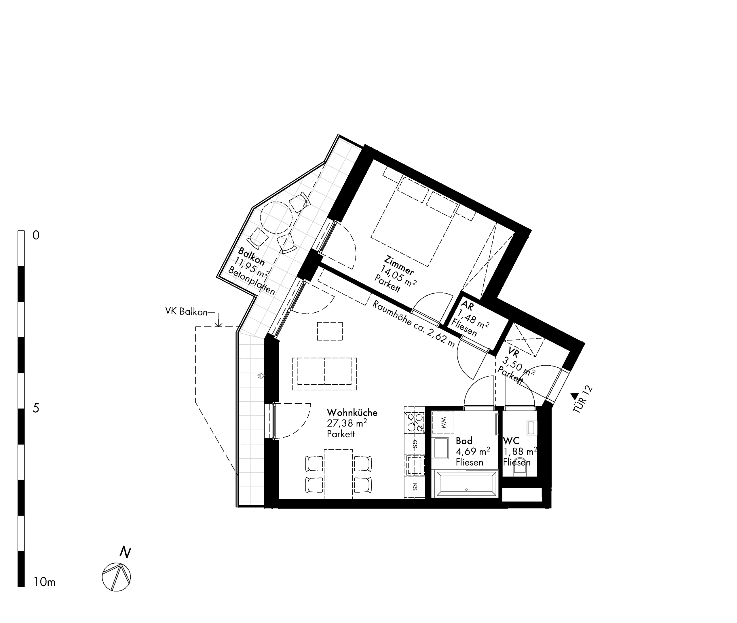 Grundriss Stiege stiege-4 / Top 12 — Hirschfeld — 2 Zimmer — 53,1 m² — 1st floor