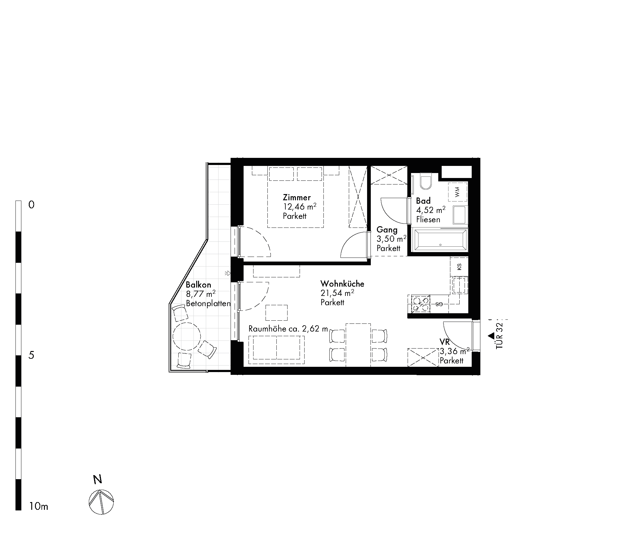 Grundriss Stiege 1 / Top 32 — Hirschfeld — 2 Zimmer — 45,4 m² — 4th floor