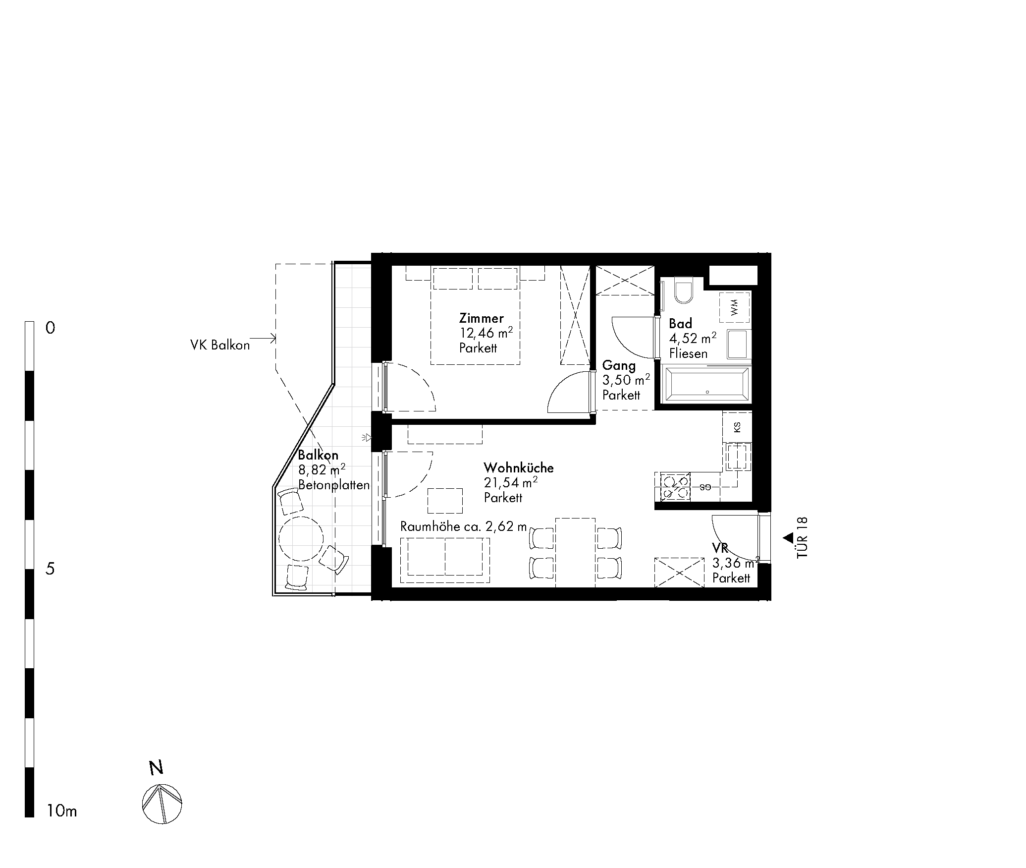 Grundriss Stiege 1 / Top 18 — Hirschfeld — 2 Zimmer — 45,4 m² — 2nd floor