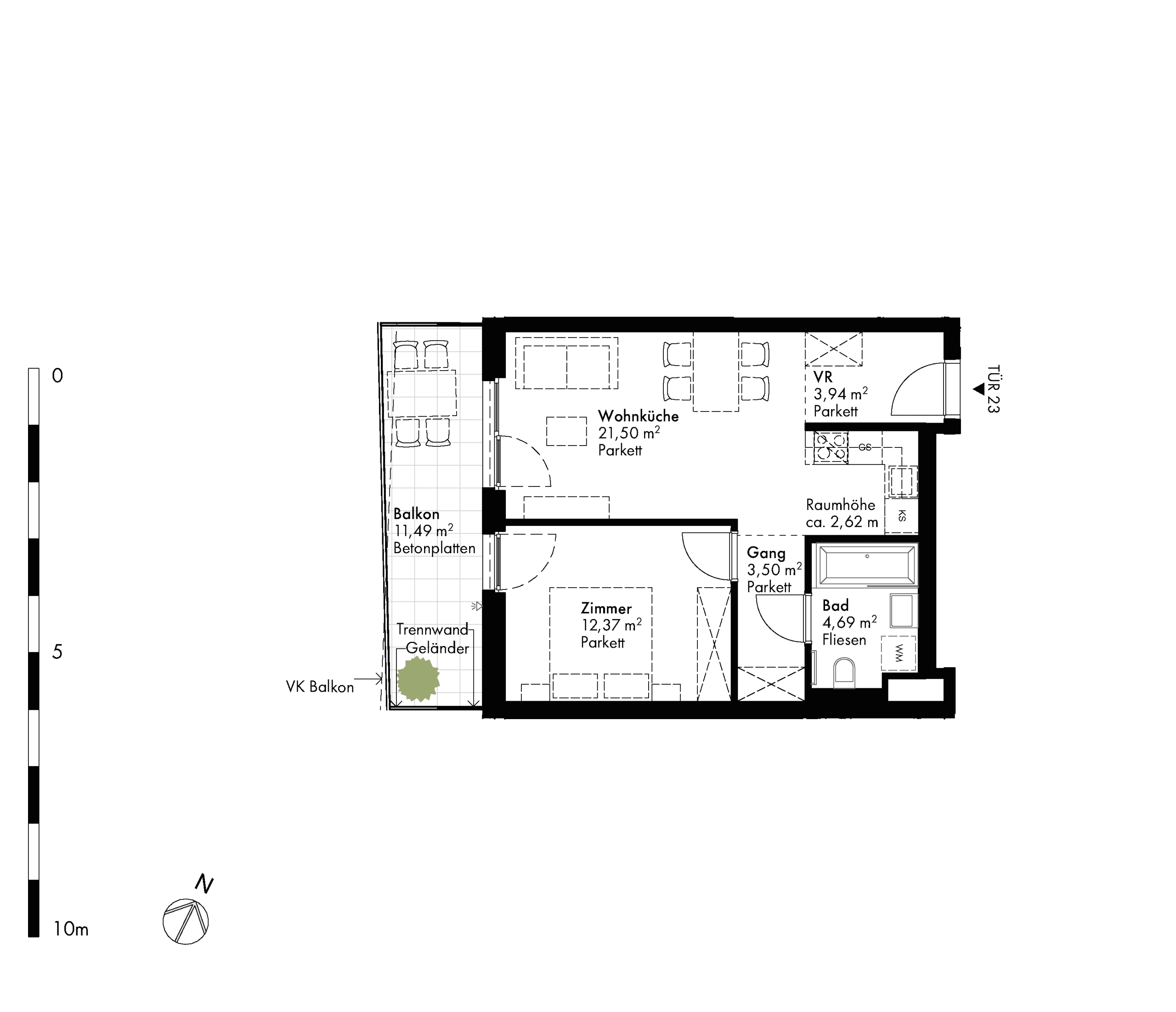 Grundriss Stiege stiege-5 / Top 23 — Hirschfeld — 2 Zimmer — 46 m² — 3rd floor